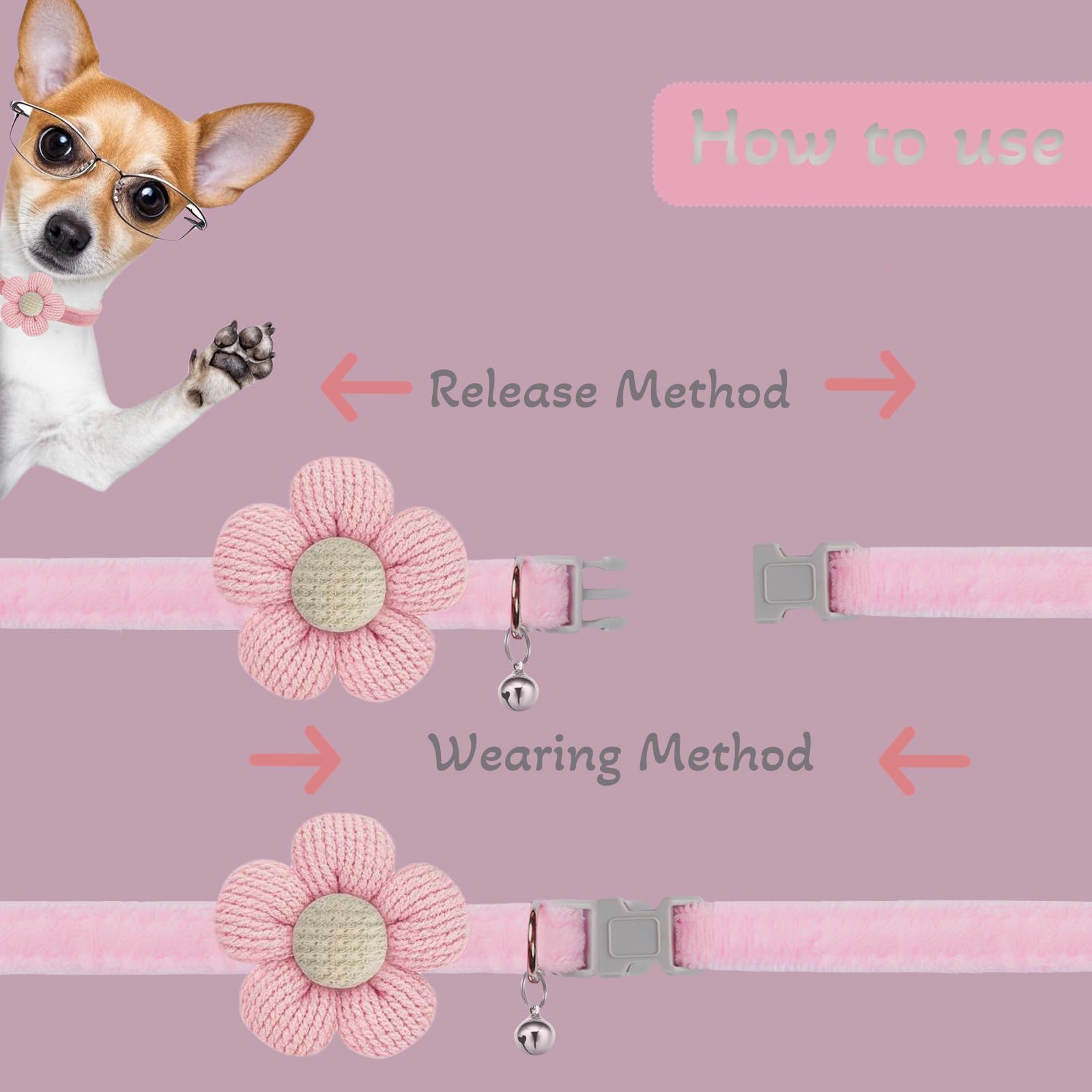 Puppy Collars, Small Dog Collars For Small Dogs With Bellxs Dog Collars For Girl Boy With Flower (White + Purple + Pink)