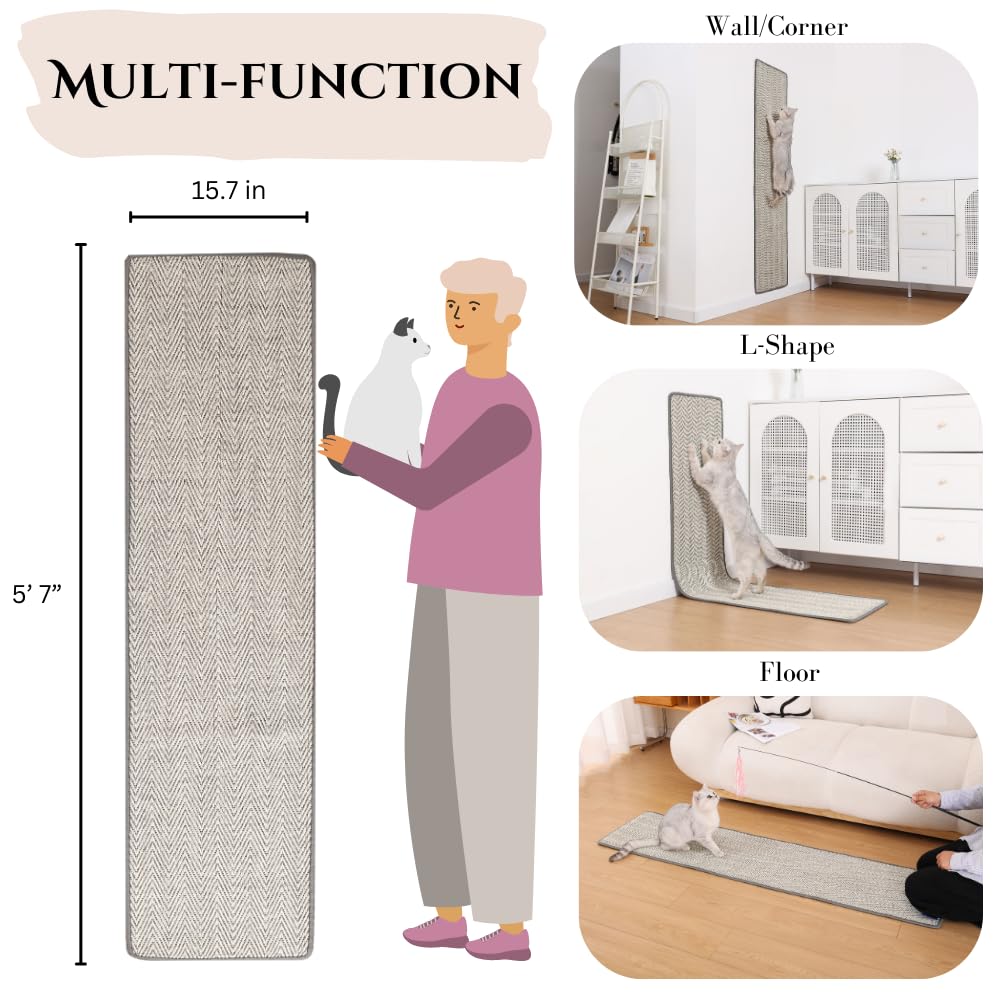 67''X15.7'' Extra Long And Thickened Sisal Cat Runner Rug, Wall Climbing Carpet, Sofa Protector, Durable Cat Wall/Door/Corner Sc