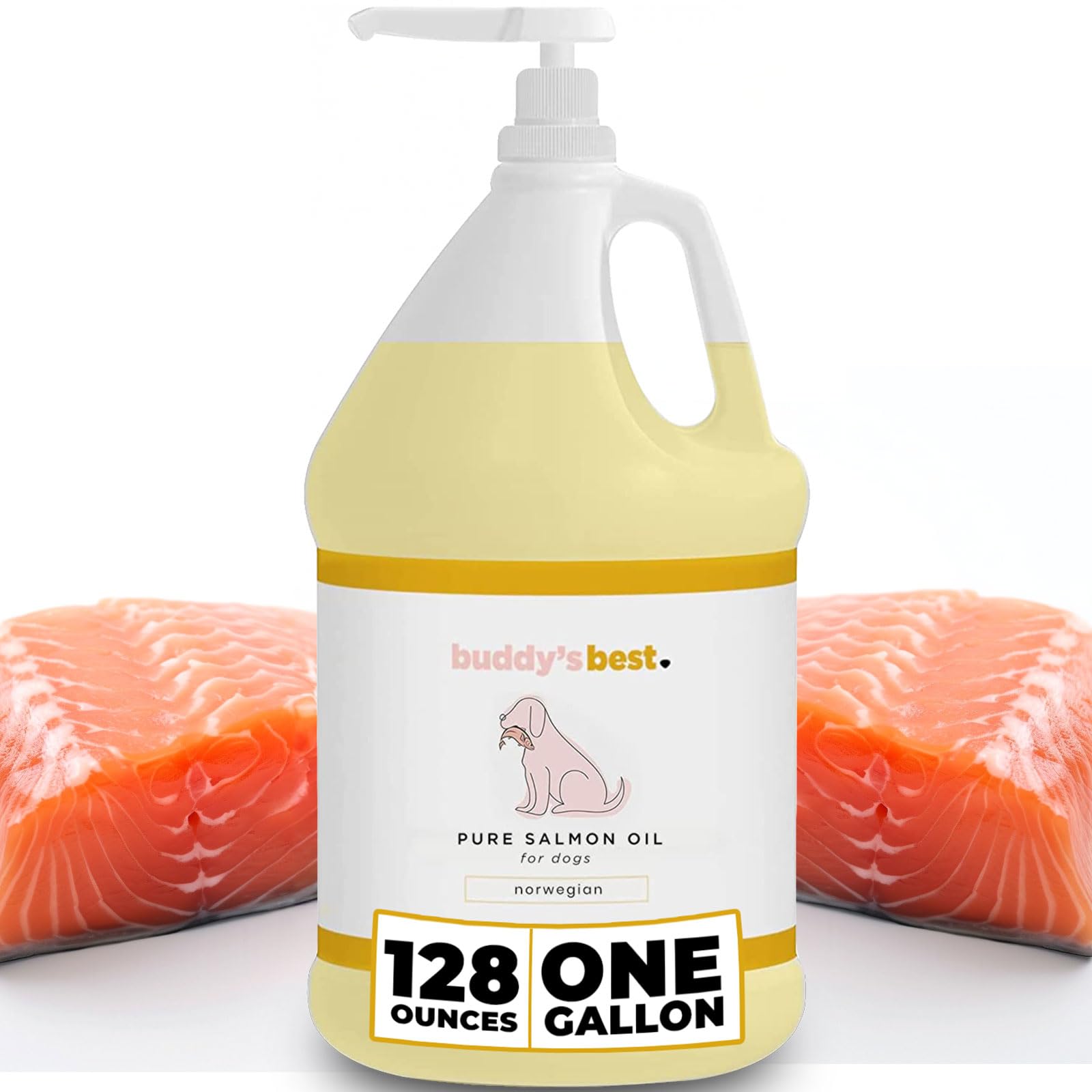 Salmon Oil for Dogs by Buddys Best - 1 Gallon (128oz) | 100% Norwegian Fish Oil | Human-Grade & Odorless | Omega 3 Supplement fo