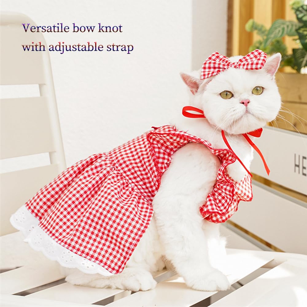 Aniac Plaid Dog Dress With Leash Ring Girl Dog Clothes For Small Dog Bow Decor Red Cat Dress For Cat Only Holiday Puppy Clothes