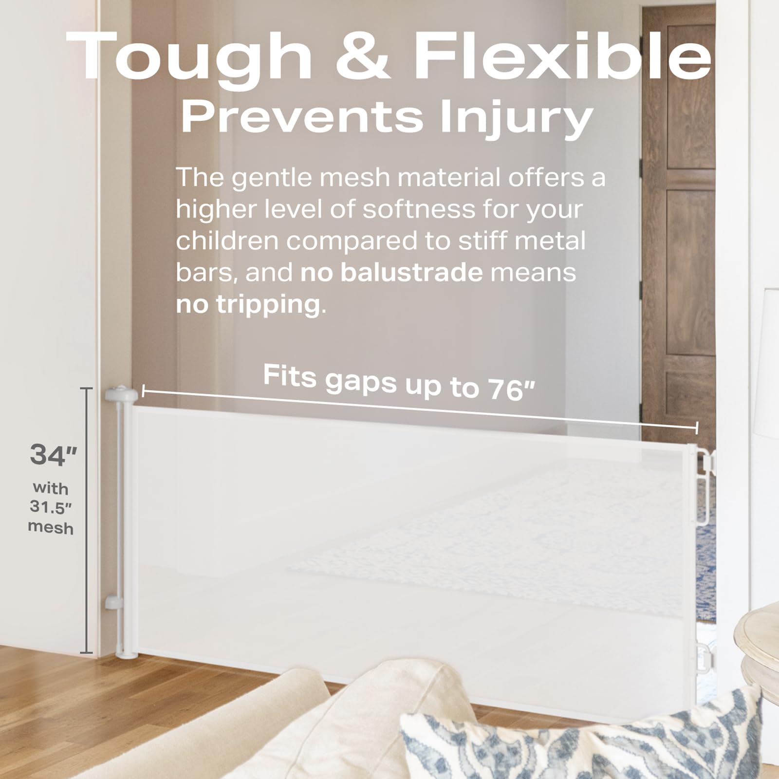 Cumbor 76' Wide Long Retractable Baby Gates For Stairs, Mesh Dog Gate For The House, 34' Tall Extra Wide Pet Gate For Dogs, Child Safety Gates For Doorways, Hallways, Cat Gate Indoor/Outdoor(White)