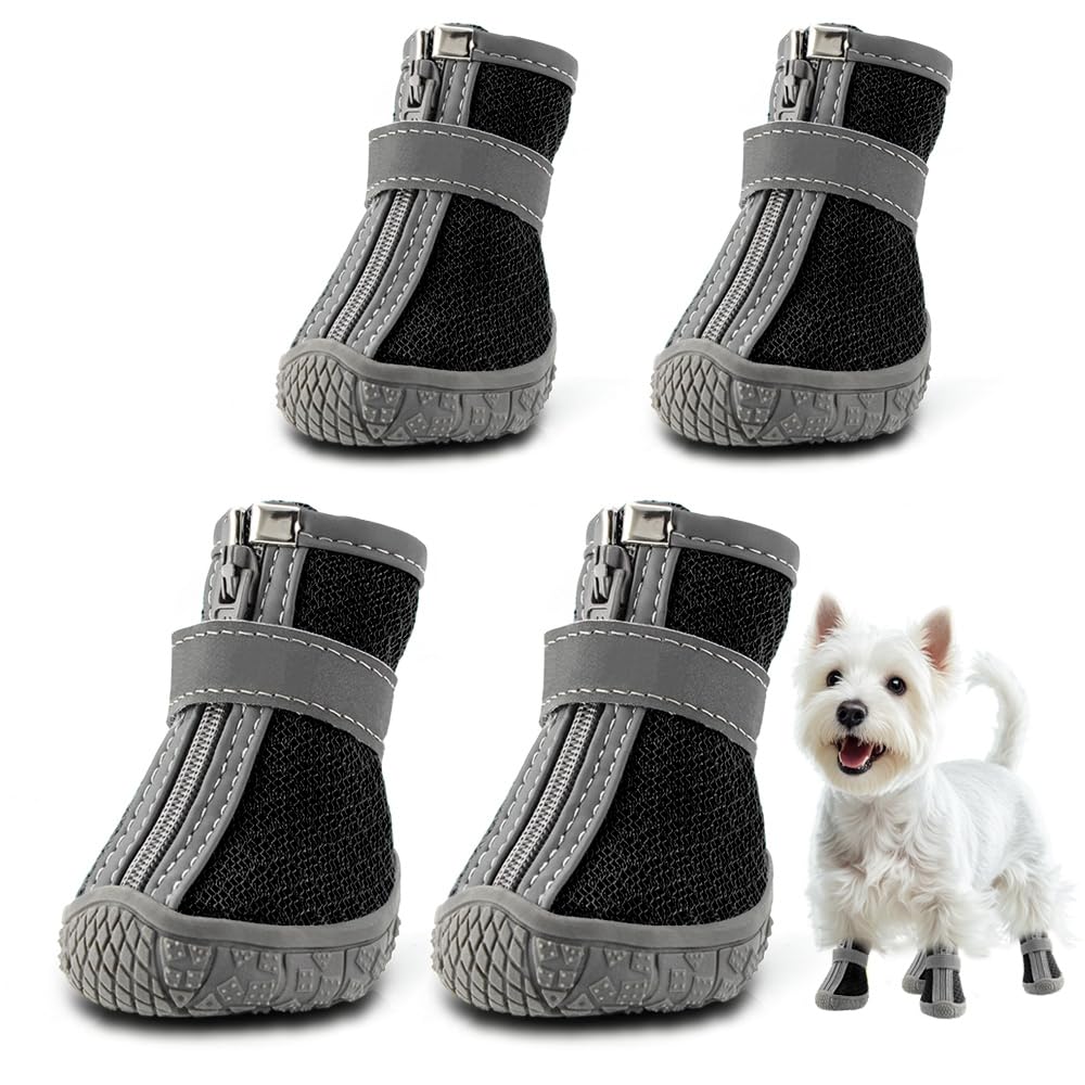 Dog Shoes For Small Dogs, Breathable Dog Boots Paw Protector For Hot Pavement Winter Snow, Dog Booties With Reflective Strips Ru