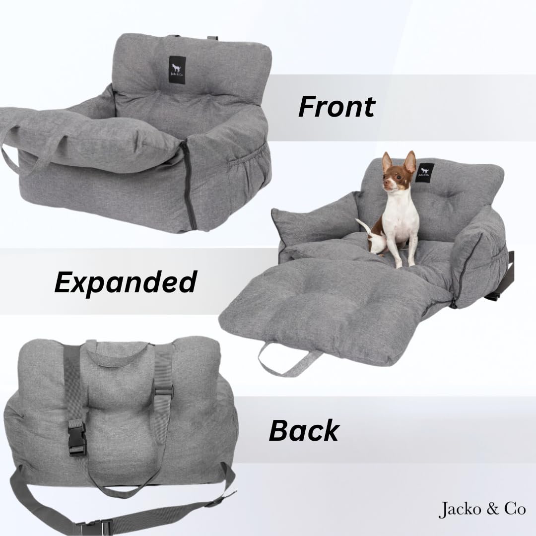 Jacko & Co - Premium Dog Car Seat & Bed For Small & Medium Dogs Up To 30Lbs, Soft Travel Bed & Carrier Bag For Pets, Puppies, Cats For Front & Back Seat, Machine Washable & Water Resistant (Grey)