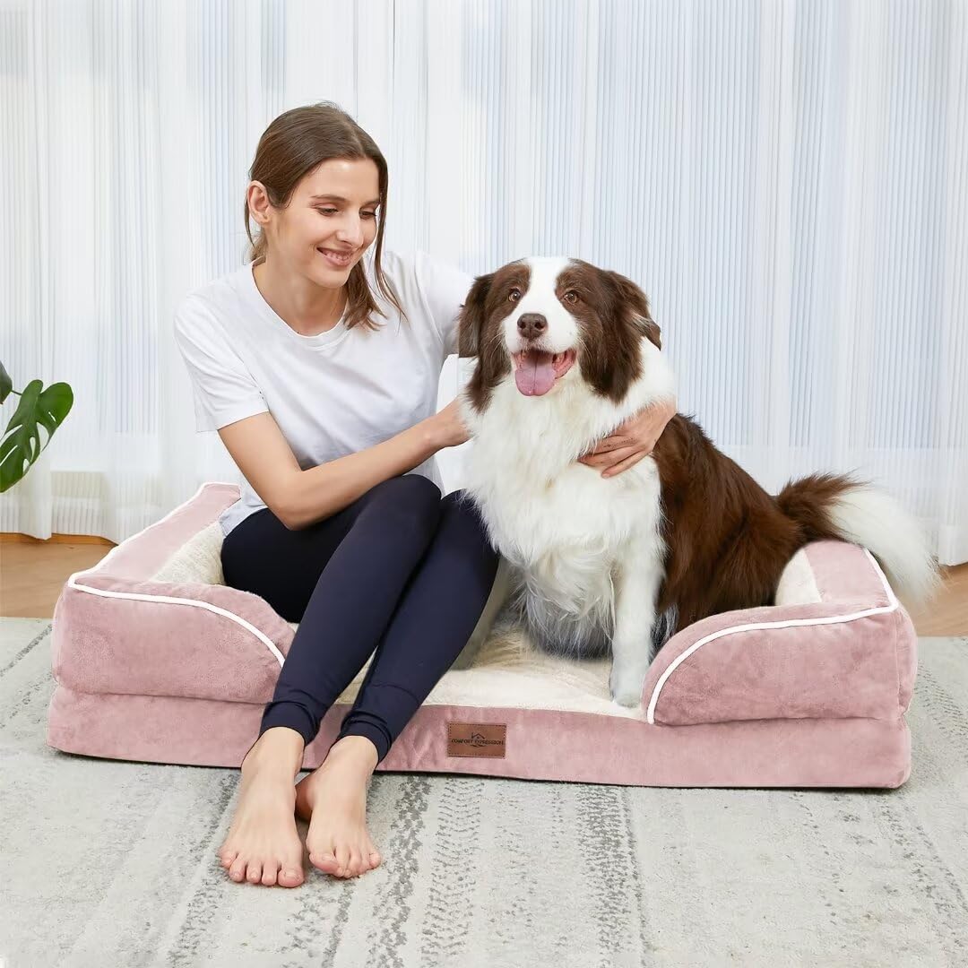 Comfort Expression Jumbo Dog Bed, Waterproof Orthopedic Dog Bed, Jumbo Breed Dog Bed For Extra Large Dogs, Pv Washable Dog Sofa Bed With Removable Cover & Non-Slip Bottom(Jumbo,Pink)