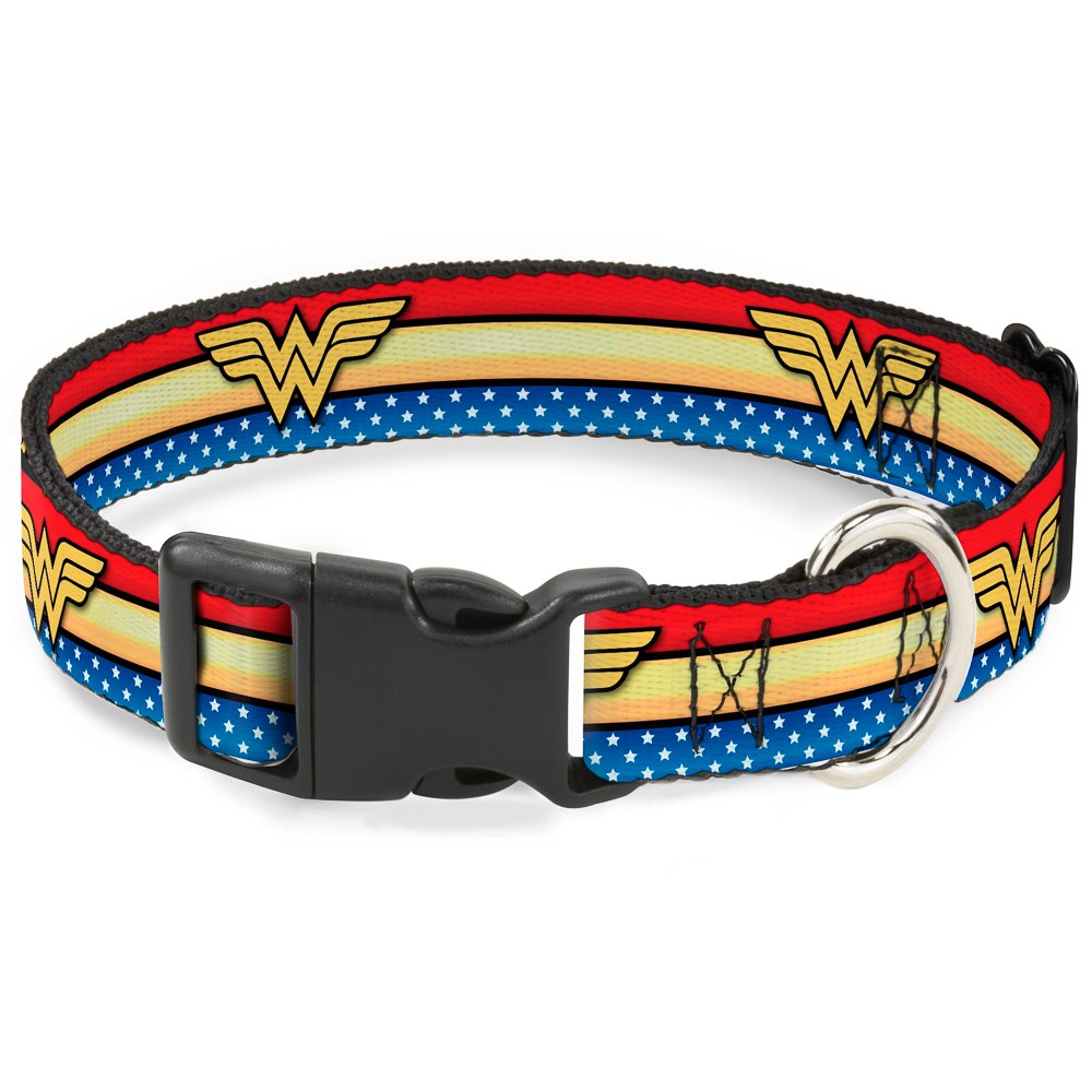 Buckle-Down Plastic Clip Collar - Wonder Woman Logo Stripe/Stars Red/Gold/Blue/White - 1' Wide - Fits 15-26' Neck - Large