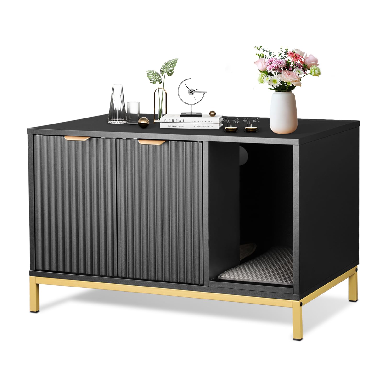 QuicMiou Cat Litter Box Enclosure, Hidden Litter Box Furniture with Metal Legs, Side End Table Indoor Cat House Storage Cabinet 