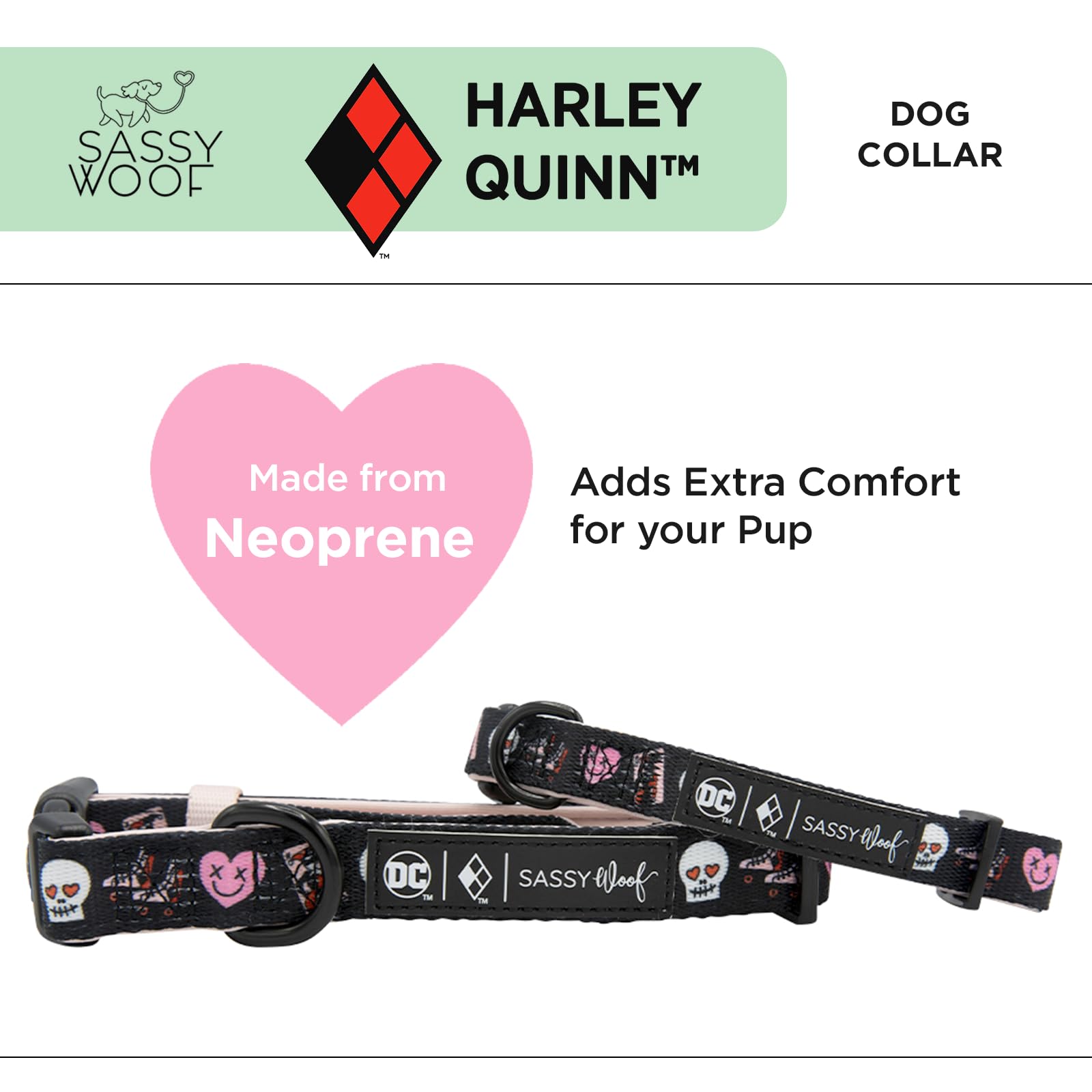 Sassy Woof Dog Collar Harley Quinn - S, Adjustable, Durable, Comfortable And Stylish Pet Accessories For Small Dogs - Officially