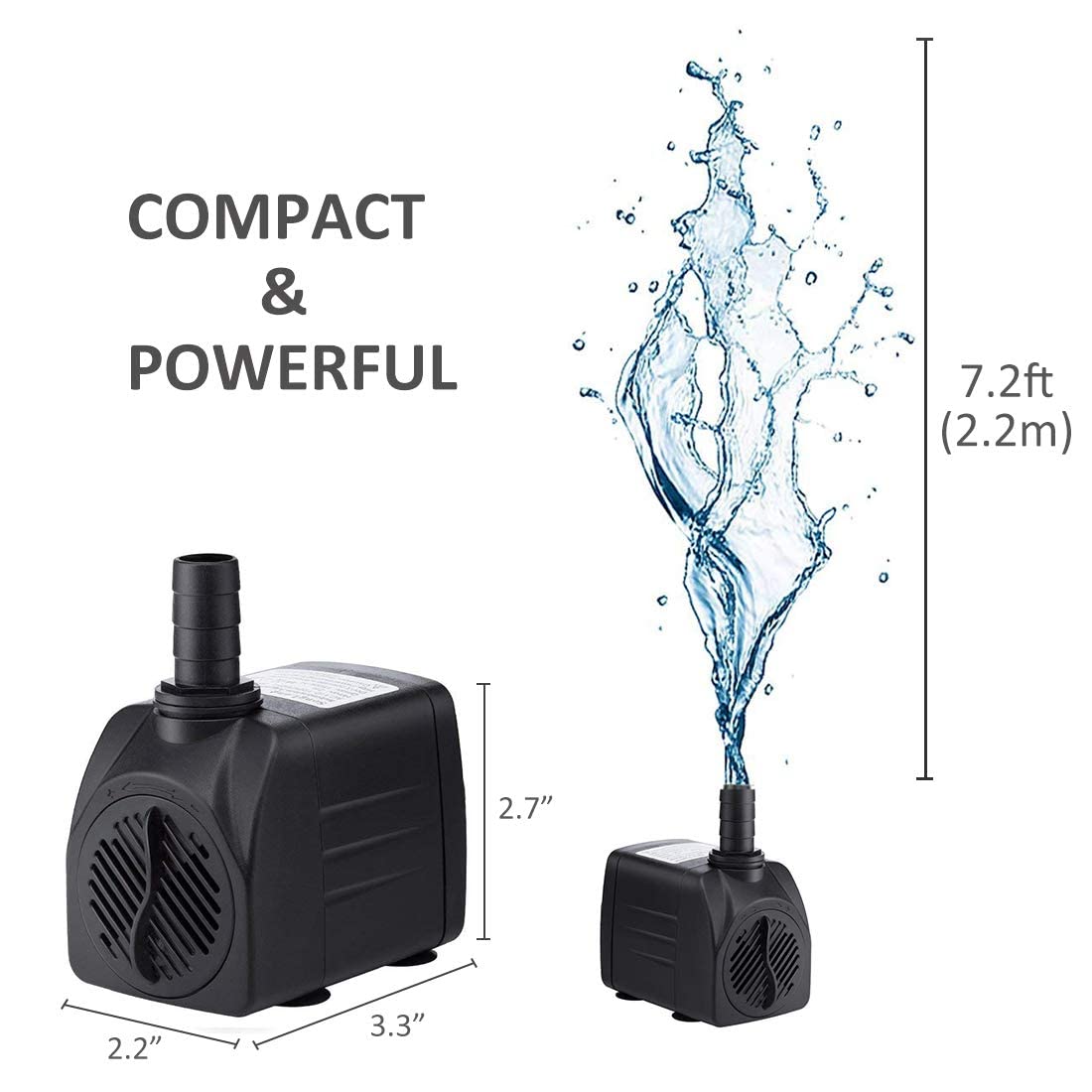 Growneer 550Gph Submersible Pump 30W Ultra Quiet Fountain Water Pump, 2000L/H, With 7.2Ft High Lift, 3 Nozzles For Aquarium, Fish Tank, Pond, Hydroponics, Statuary Black