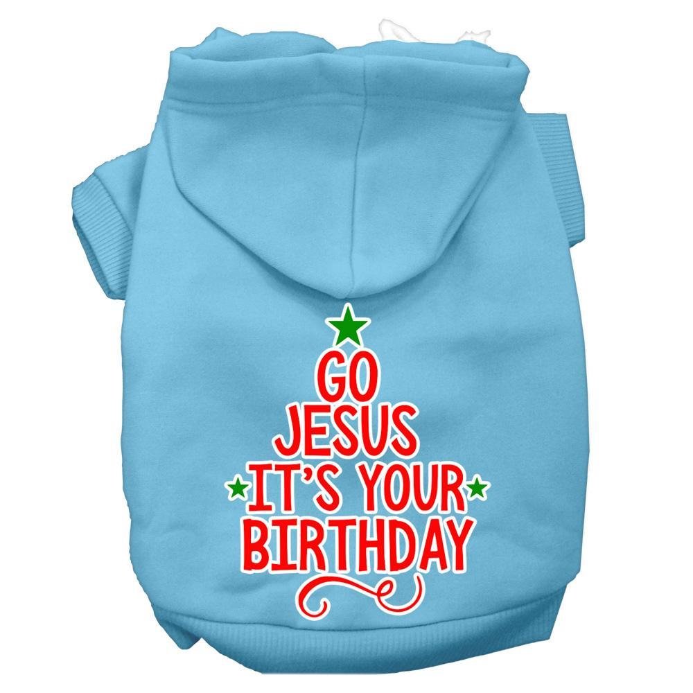 Christmas Pet Dog & Cat Hoodie Screen Printed, 'Go Jesus, It'S Your Birthday' Baby Blue Sm (3-6 Lbs.)