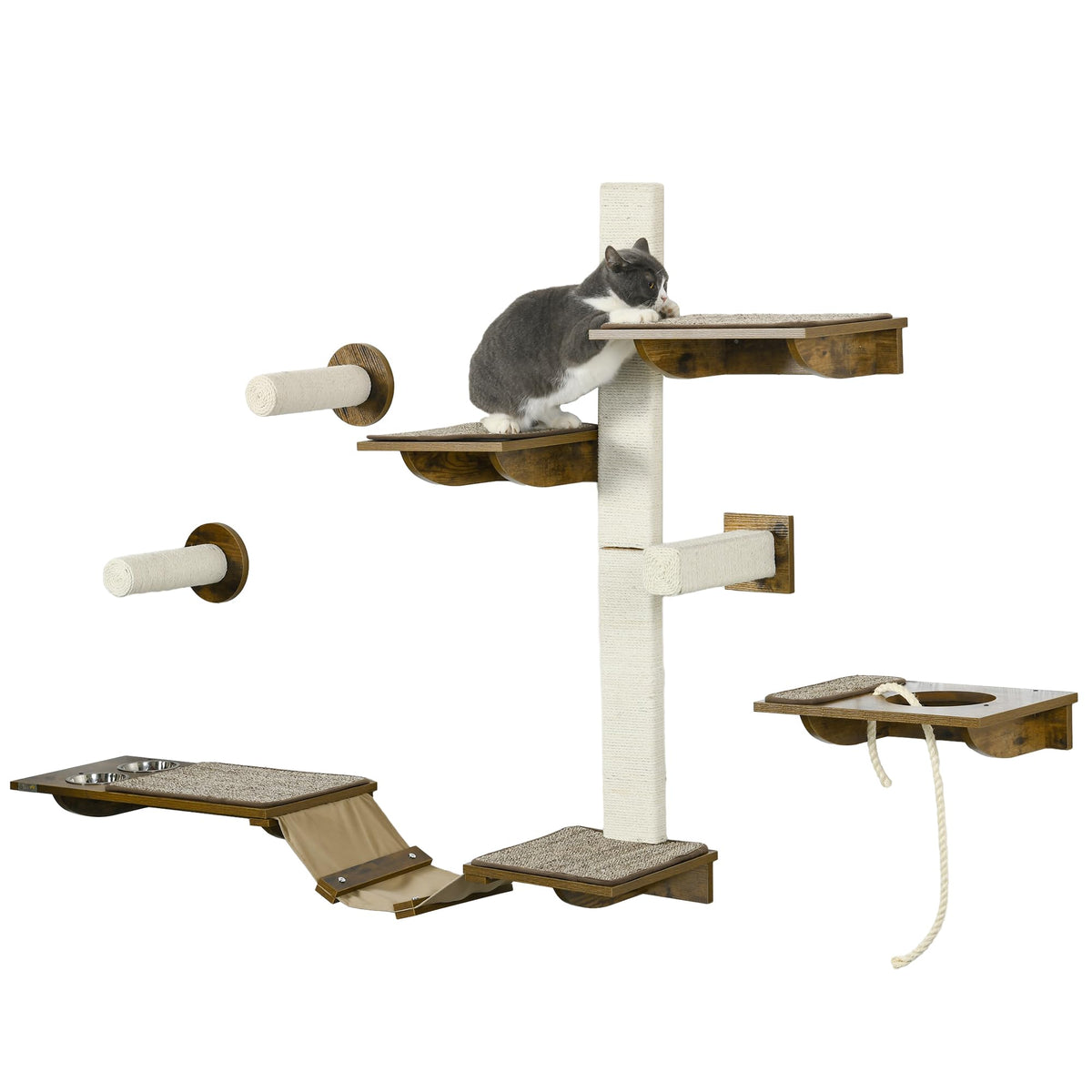 Pawhut Cat Wall Shelves - 8 Piece Wall Mounted Cat Furniture With Perches, Scratching Posts, Ladder, Feeder Bowls - Brown
