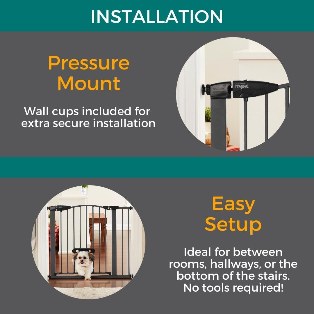 Mypet North States Wide Deco Easypass Pet Gate With Patented Adjustable Pet Door: 29.75'' - 40.5'' Wide Dog Gate. Pressure Mount