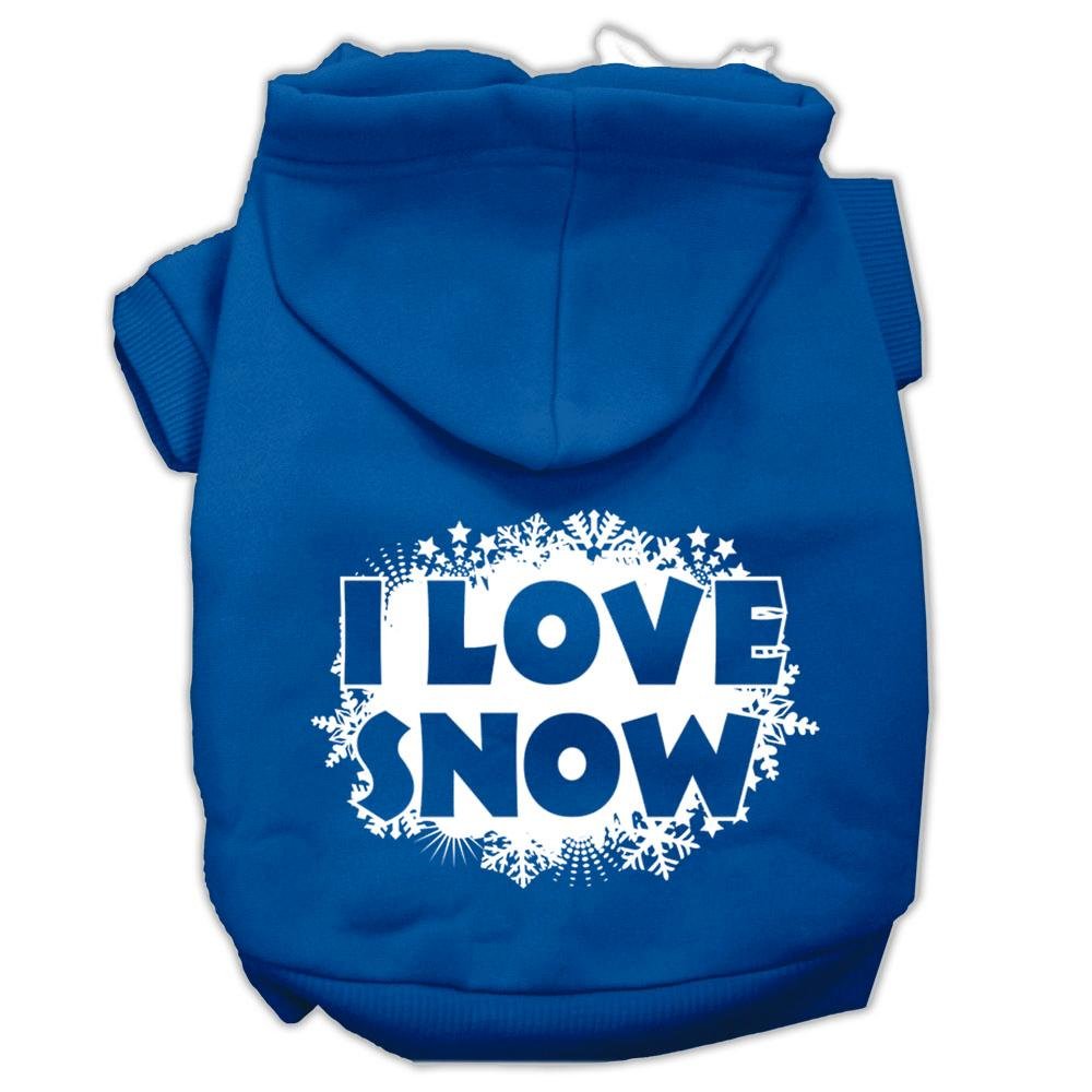Christmas Pet Dog & Cat Hoodie Screen Printed, I Love Snow Blue XS (0-3 lbs.)