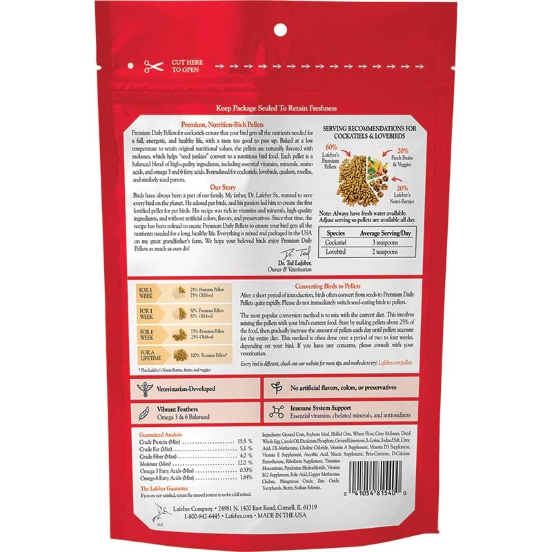 LAFEBER'S Premium Daily Diet Pellets Pet Bird Food, Made with Non-GMO and Human-Grade Ingredients, for Cockatiels, 1.25 lb