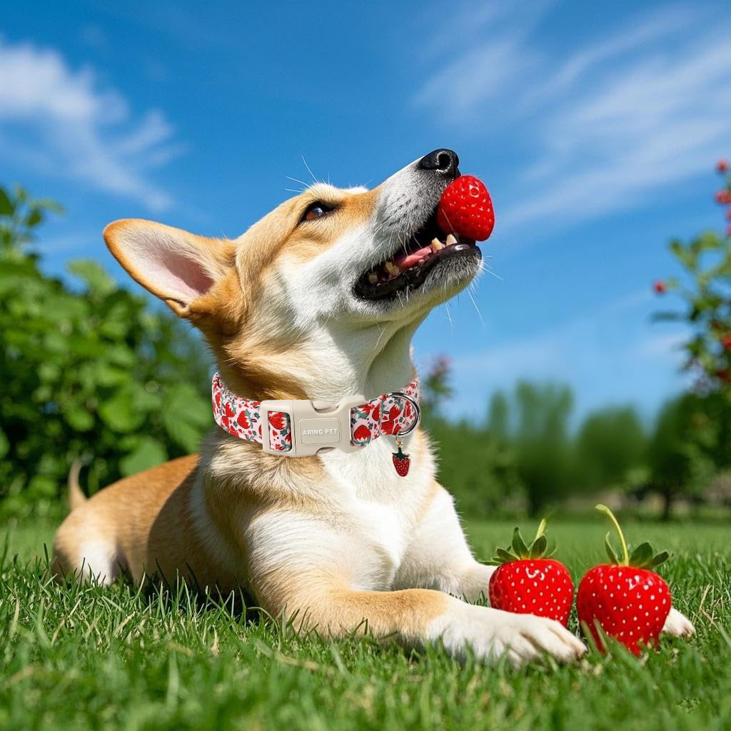 Aring Pet Strawberry Dog Collar-Cute Spring Pink Dog Collars, Adjustable Strawberry Print Pet Collars Puppy Collar With Quick Re