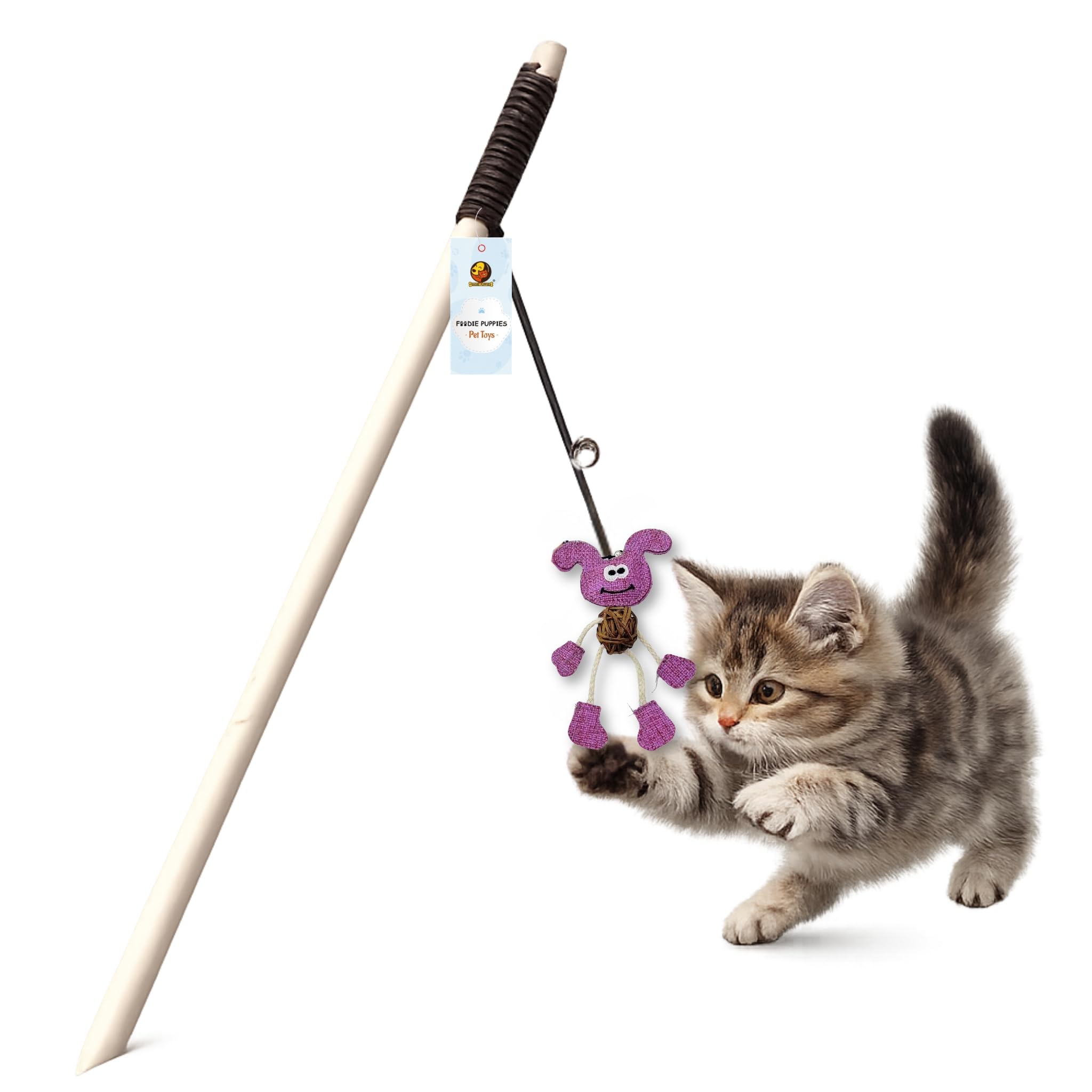 Foodie Puppies Interactive Wooden Teaser Stick With Funny Animal Attachments  (Pink Puppy) | Suitable For Cats And Kittens | In