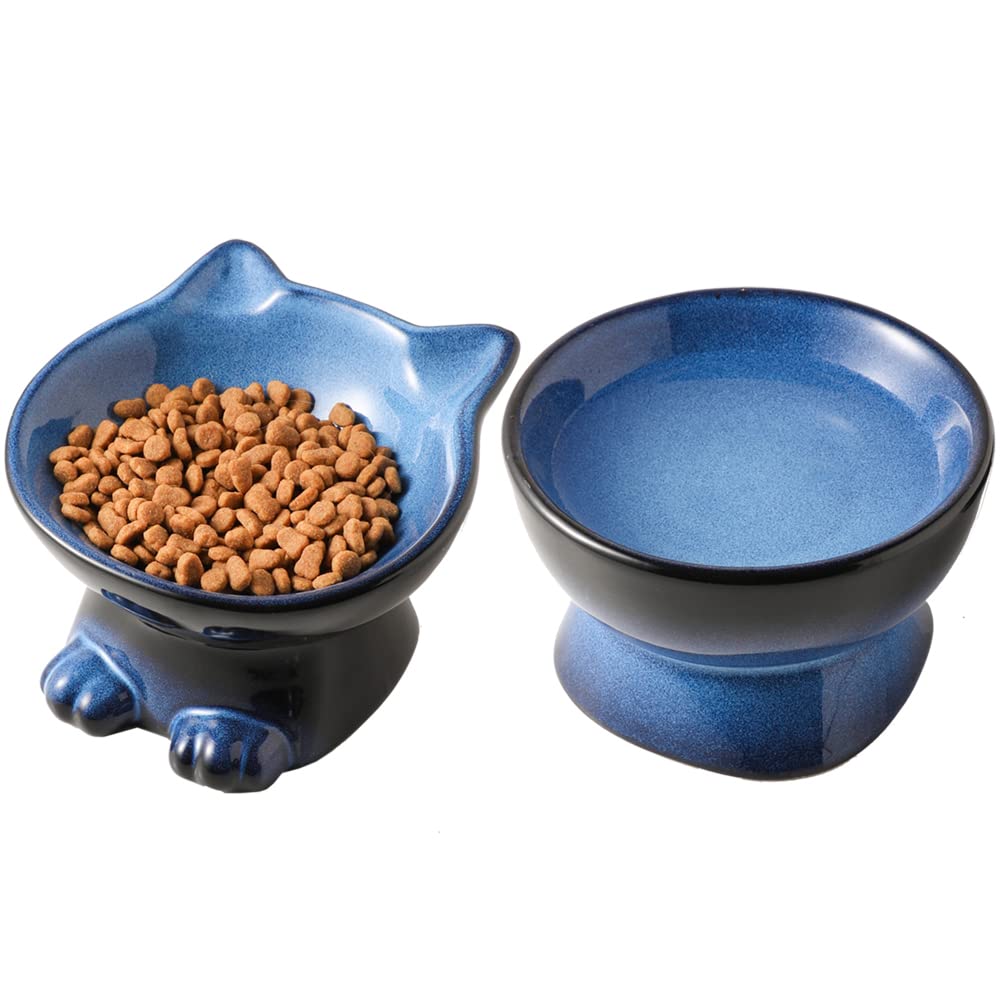 Nihow Elevated Cat/Dog Bowls Set : 5 Inch Ceramic Raised Cat Food And Water Bowl Set For Protecting Pet'S Spine - Feeding & Watering Supplies For Pets- Elegant Blue & Black (2Pc)