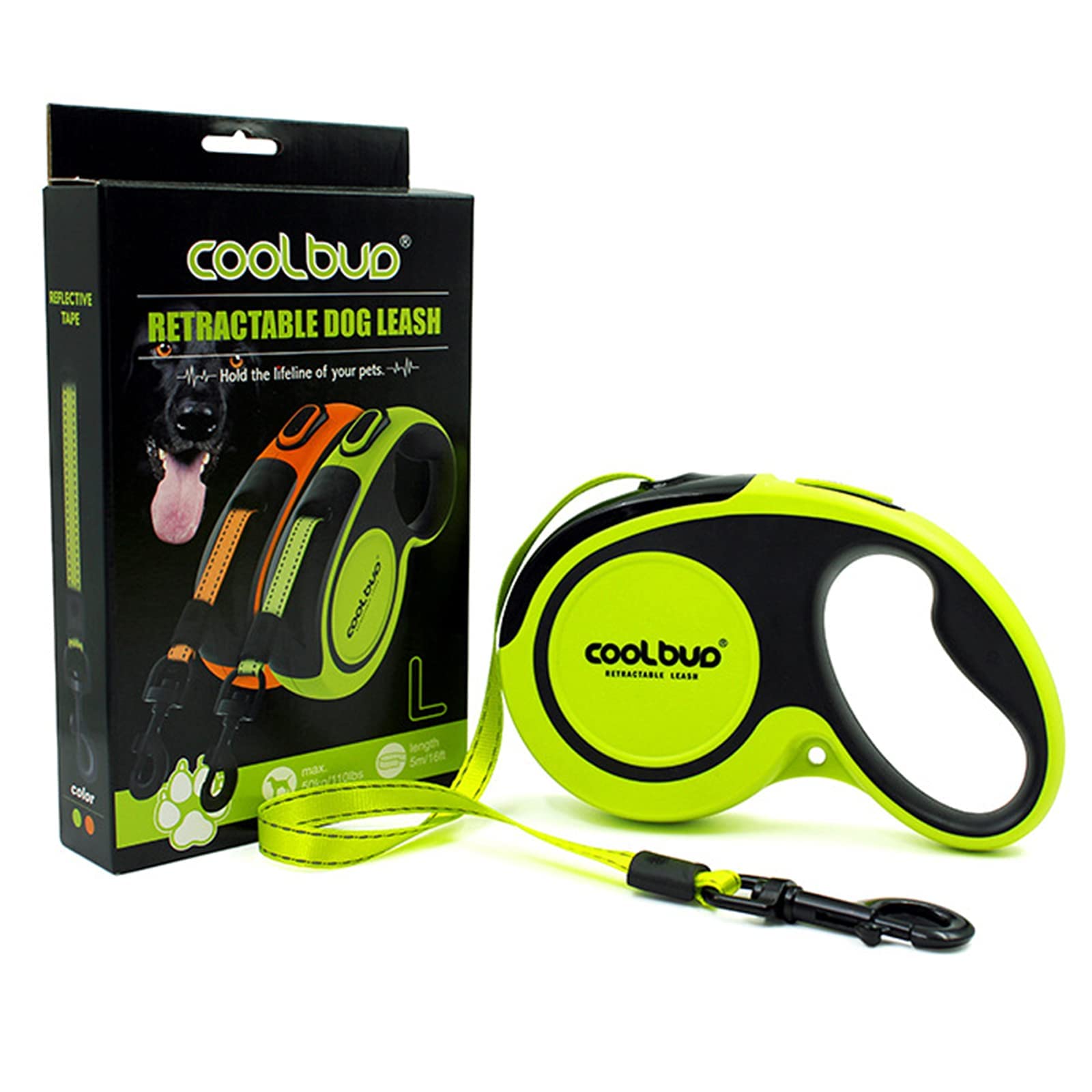 360° Tangle-Free, Heavy Duty Retractable Dog Leash With Anti-Slip Handle; 16 Ft Reflective Strong Nylon Tape; For Large Dog Or Cat Up To 110 Lbs; One-Handed Brake, Pause, Lock (Green, Large)