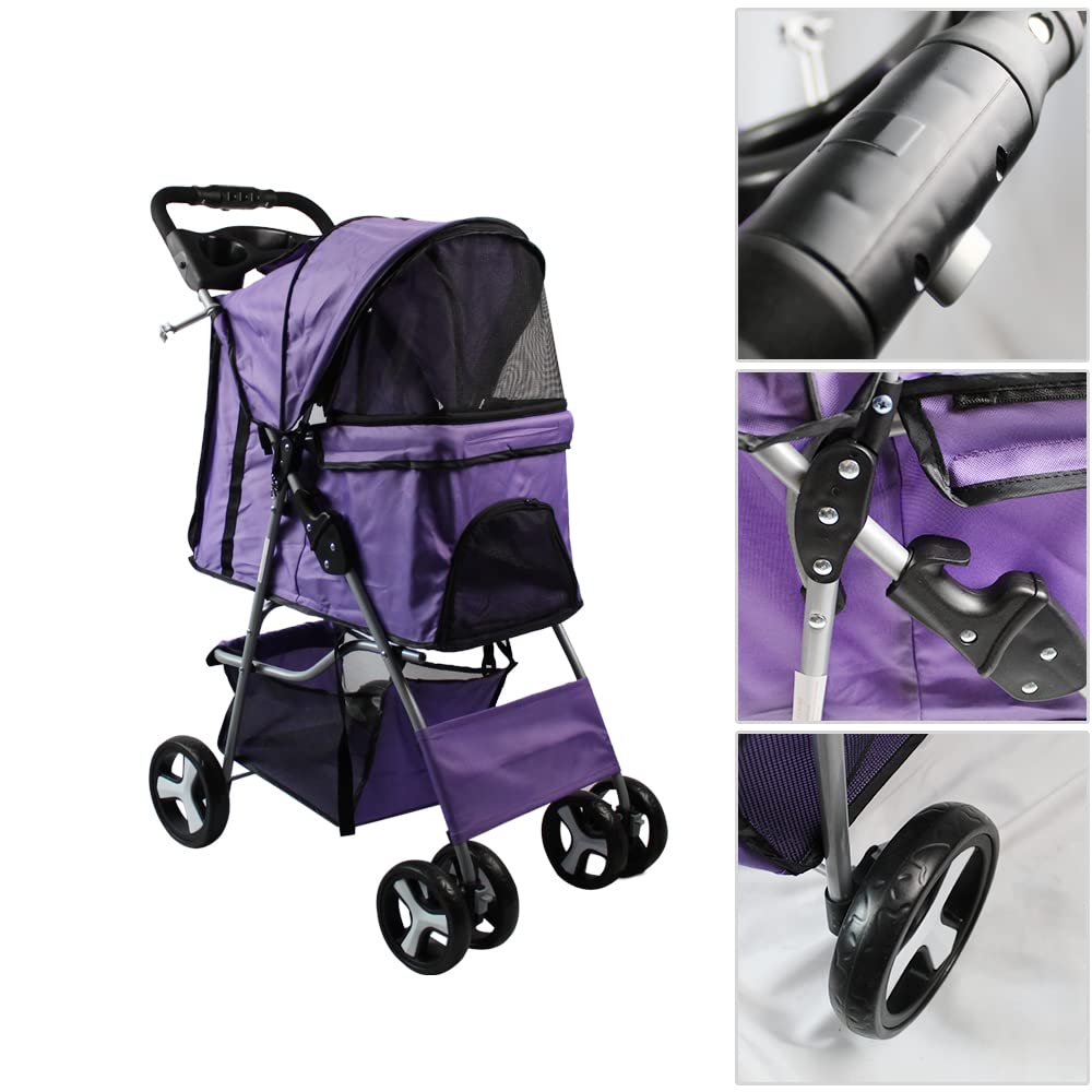 Rica-J Pet Stroller 4 Wheels, Foldable Cat Dog Cage Stroller Travel Carrier Strolling Cart With Cup Holder & Storage Basket Dogg