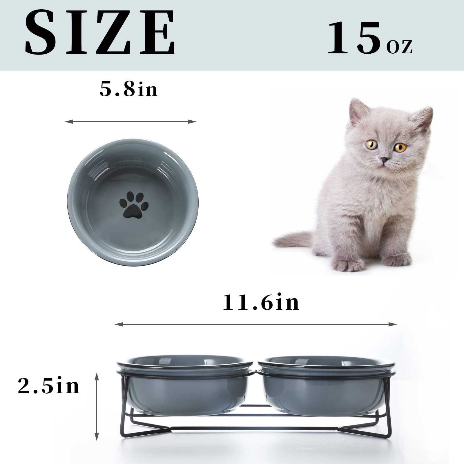 Gdcz Ceramics Raised Cat Small Dog Bowls With Heighten Metal Stand,15 Ounces (Grey)