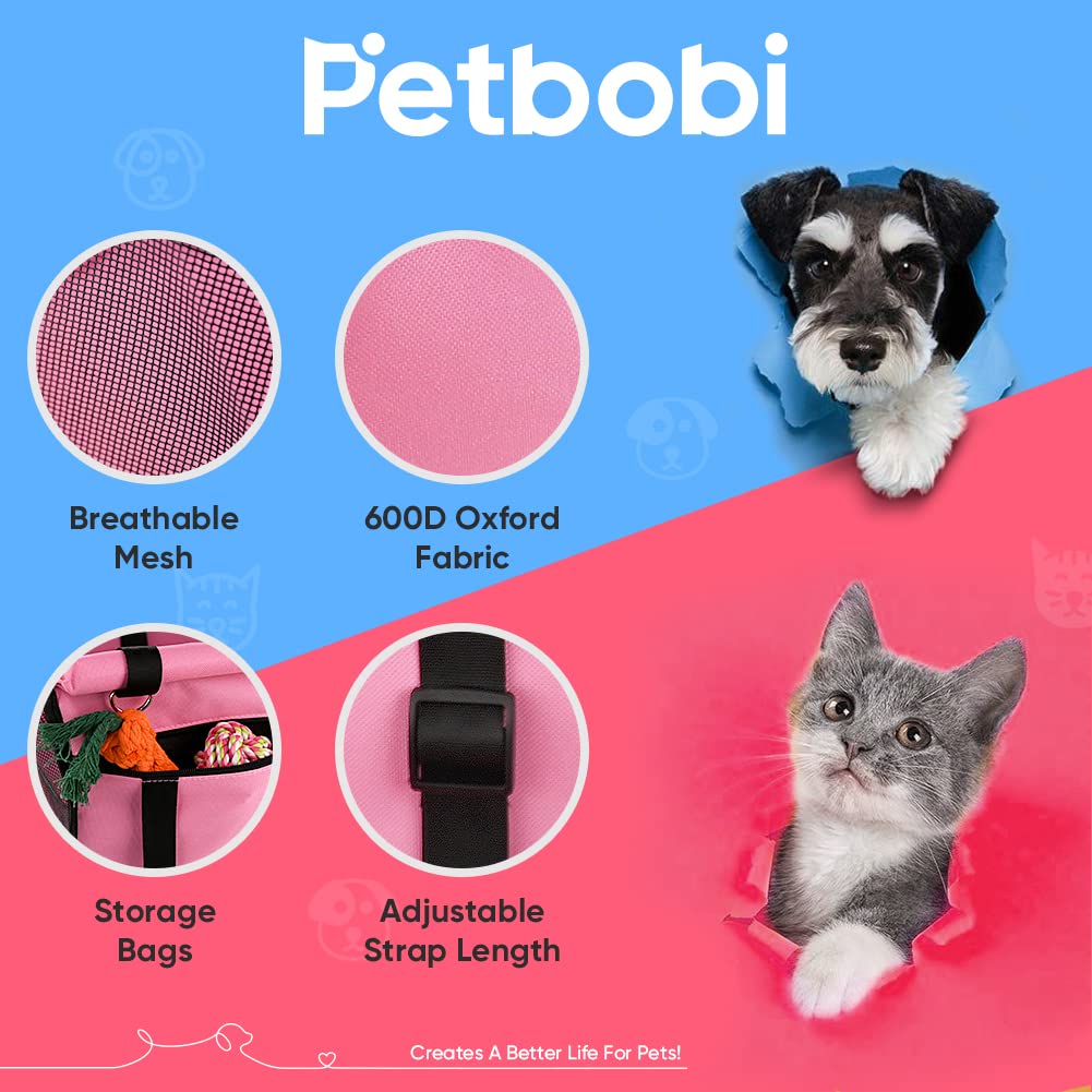 Petbobi Pet Reinforce Car Booster Seat For Dog Cat Portable And Breathable Bag With Seat Belt Dog Carrier Safety Stable For Travel Look Out,With Clip On Leash With Pvc Tube, Pink