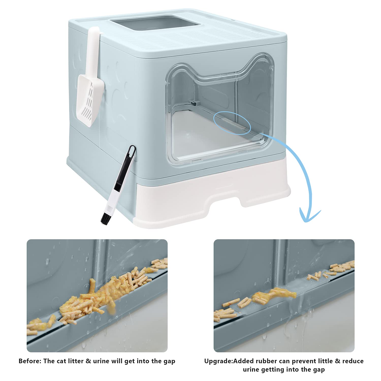 Foldable Cat Litter Box With Lid, Enclosed Cat Potty, Top Entry Anti-Splashing Cat Toilet, Easy To Clean Including Cat Litter Scoop And 2-1 Cleaning Brush (Blue), Large