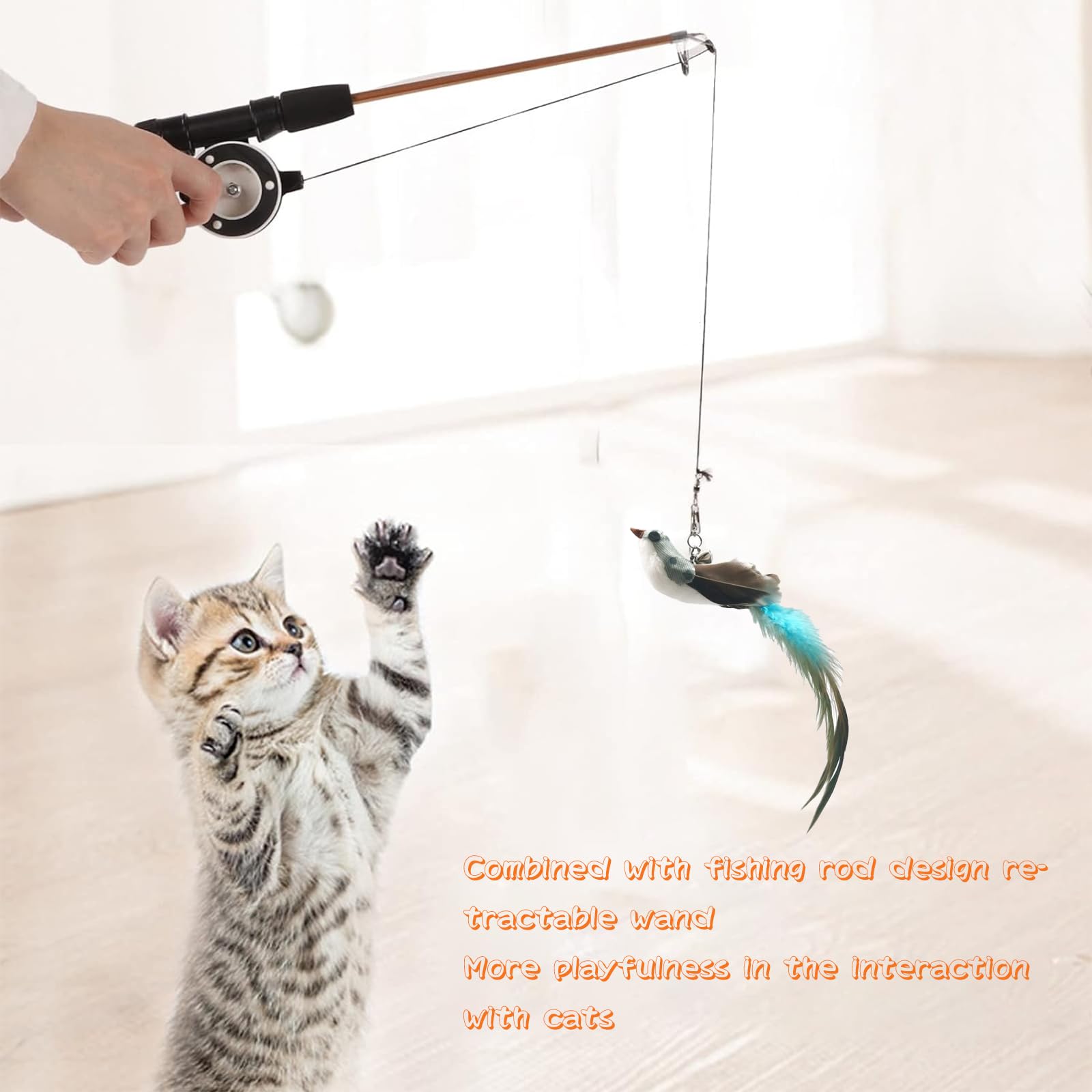 Trumoon Retractable Cat Teaser Wand Toy, Cat Toys For Indoor Outdoor Cats Interactive Fishing Rod With 4 Pcs Refills Feather Toy