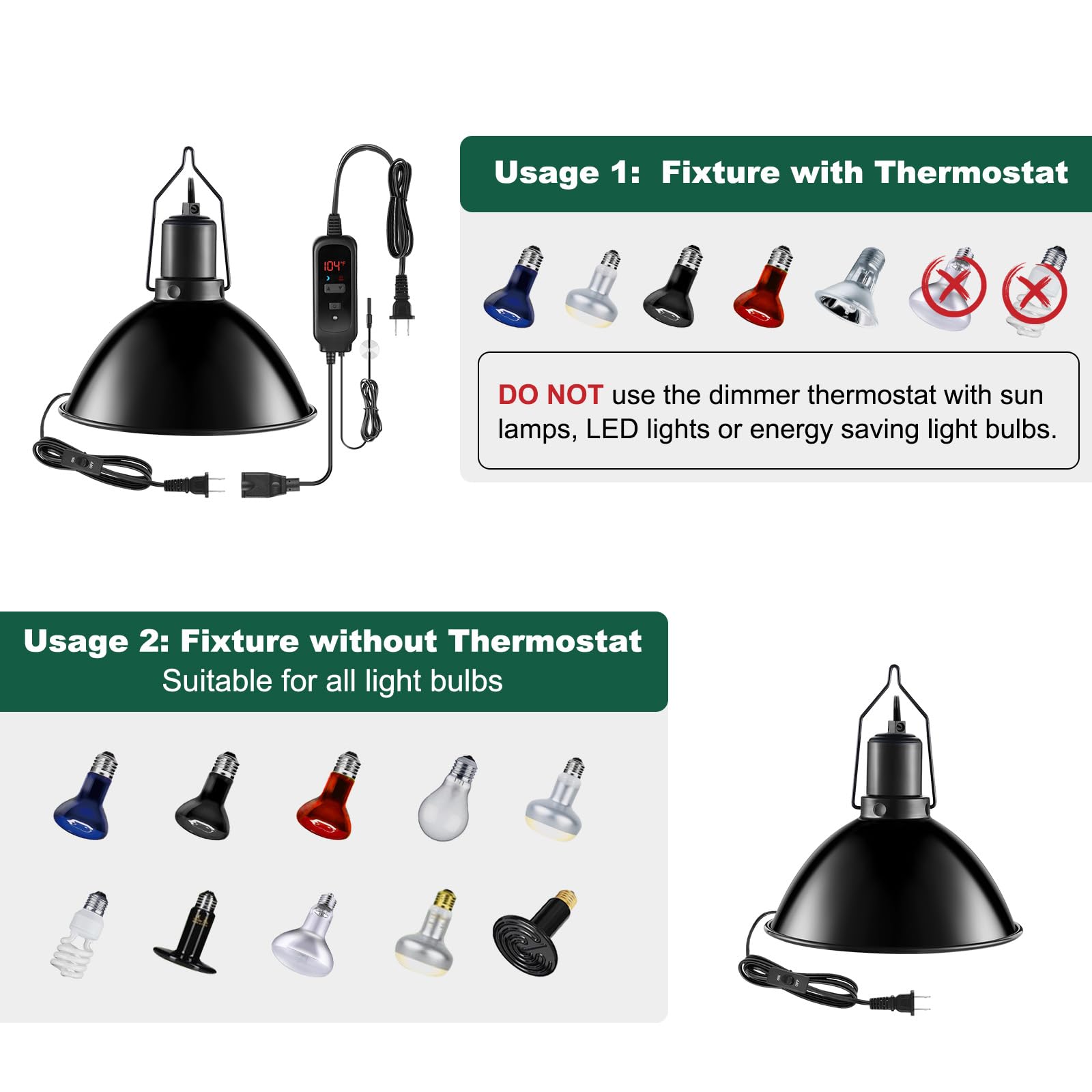 DXOPHIEX Reptile Heat Lamp Fixture with Dimming Thermostat, 8.5 Inch, Black, Max 150W for Bearded Dragon, Turtles, Snake, Lizard,