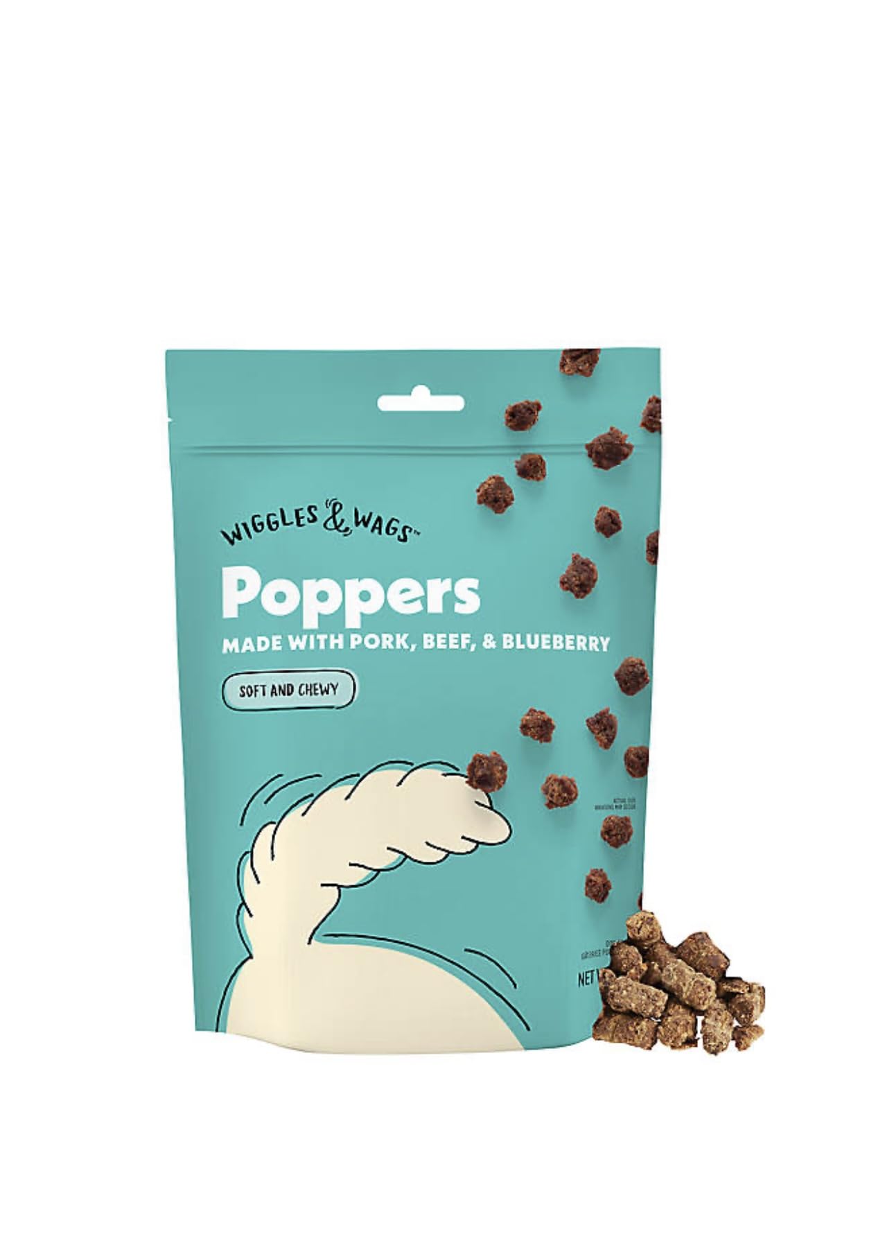 Wiggles & Wags Poppers Soft and Chewy Dog Treats, Pork, Beef & Blueberry, 8 OZ