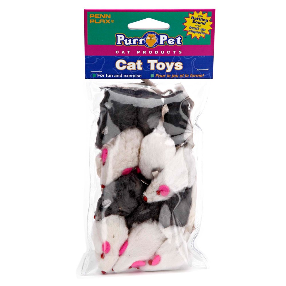 Penn-Plax Play Fur Mice Cat Toys | Mixed Bulk Bag Of 12 Play Mice With Rattling Noise | 3 Color Variety Pack - Cat531, Black And White