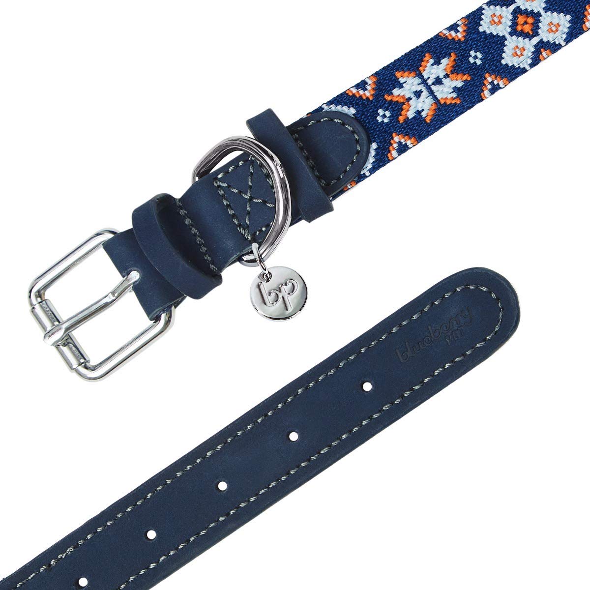 Blueberry Pet 3 Patterns Southwestern Modern Tribal Print Genuine Leather & Polyester Fabric Combo Dog Collar With Metal Buckle