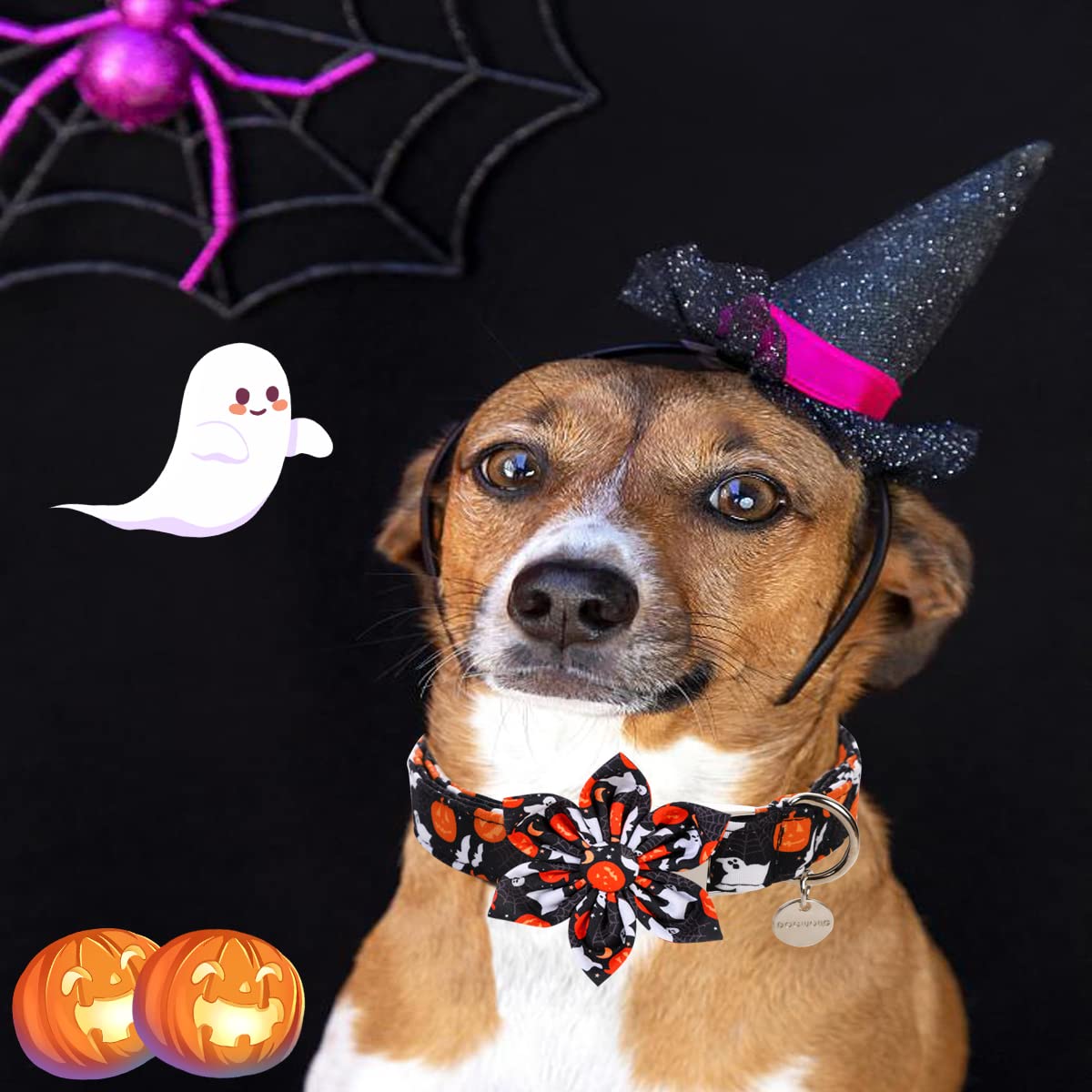 Dogwong Halloween Black Ghost Dog Collar - Removable Cute Flower Adjustable Pet Collars, Soft Comfy Halloween Themed Pet Collar, Fall Dog Collar For Small Medium Large Dogs
