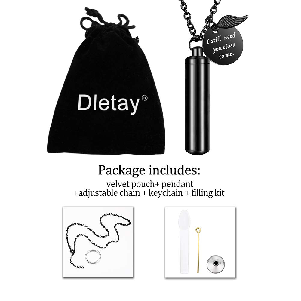 Dletay Cylinder Cremation Jewelry Urn Necklace For Ashes Memorial Ashes Necklace With Angel Wing Charm Memorial Keepsake For Pet Human-I Still Need You Close To Me