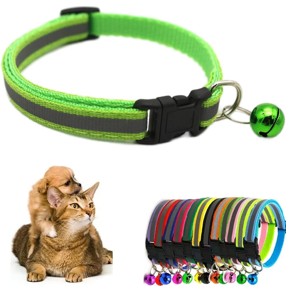 Green Cat Collar With Bell, Reflective Small Dog Collars Soft Adjustable Buckle For Xs Xsmall Extra Small Puppies Female Male Ti
