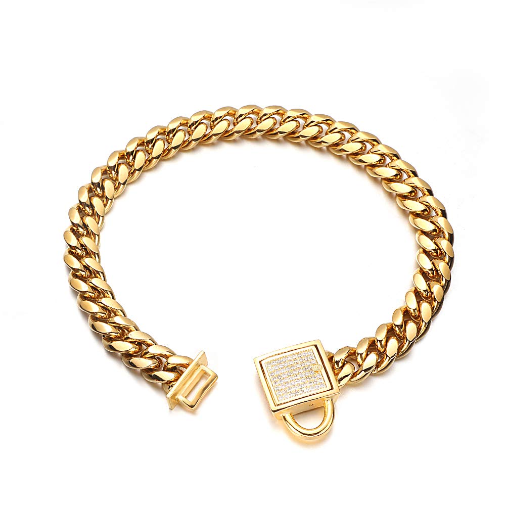 Gold Dog Chain Collar 10Mm Wide Cuban Link Puppy Collar 316L Stainless Steel With Cz Diamond Lock Bling Collar For Small Dogs(10