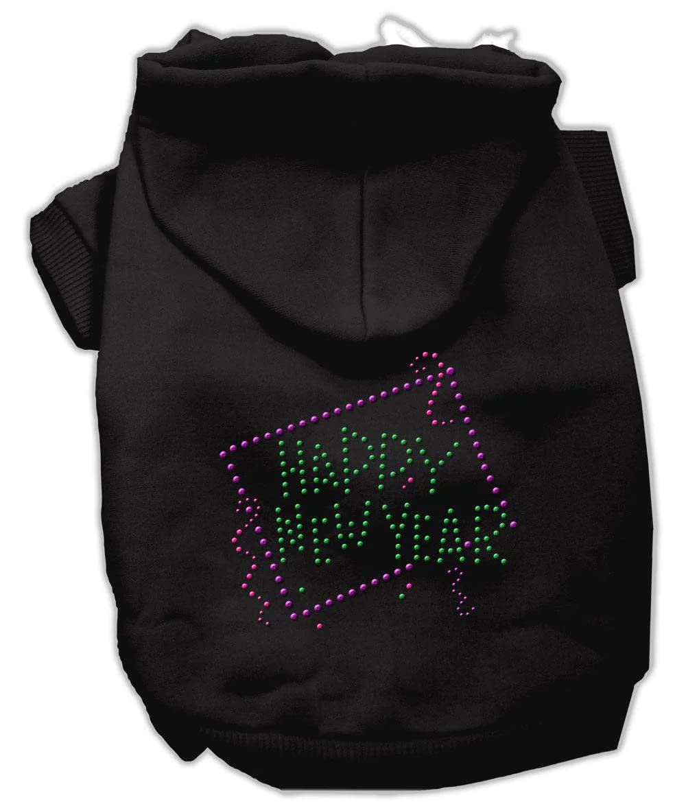 Pet, Dog & Cat Hoodie Rhinestone, Happy New Year Black SM (3-6 lbs.)