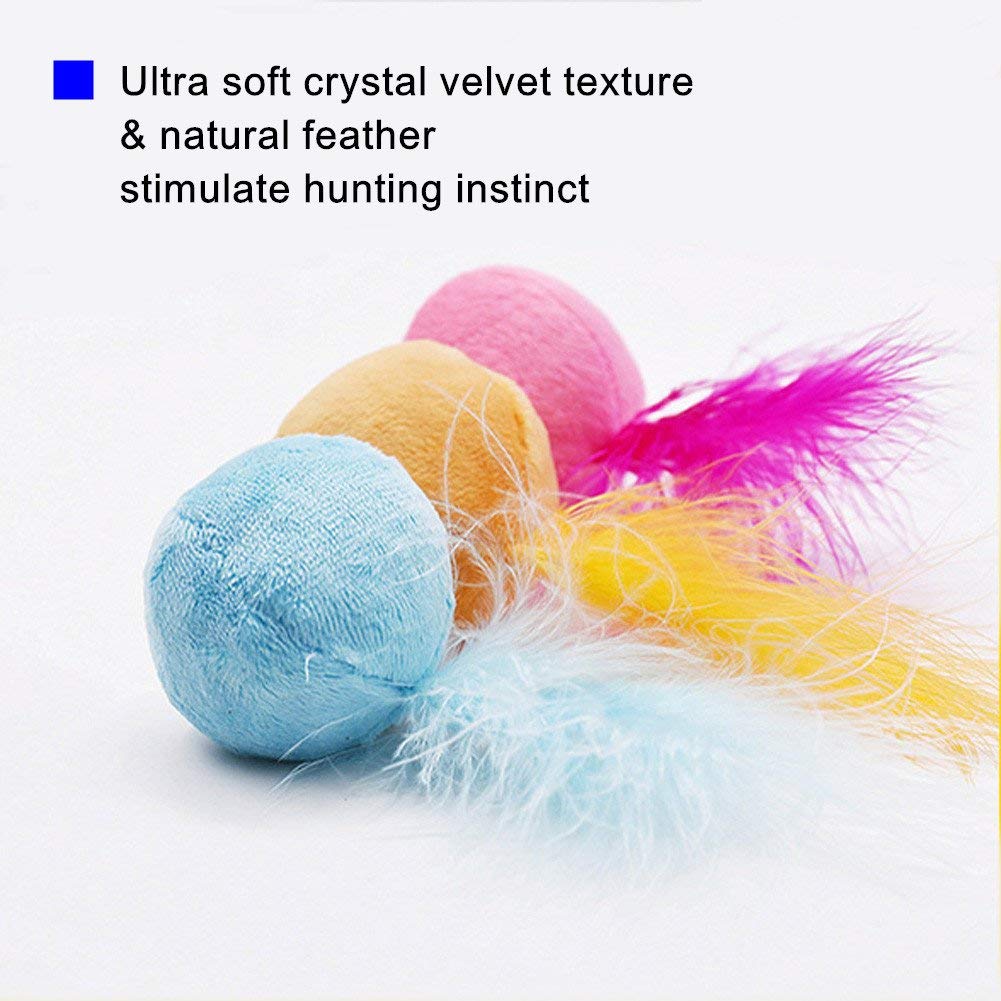 Petfavorites Furry Rattle Ball Cat Toy With Feather And Catnip - Interactive Pom Pom Balls For Cats, Soft And Lightweight, 2 Inch, 3 Pack.