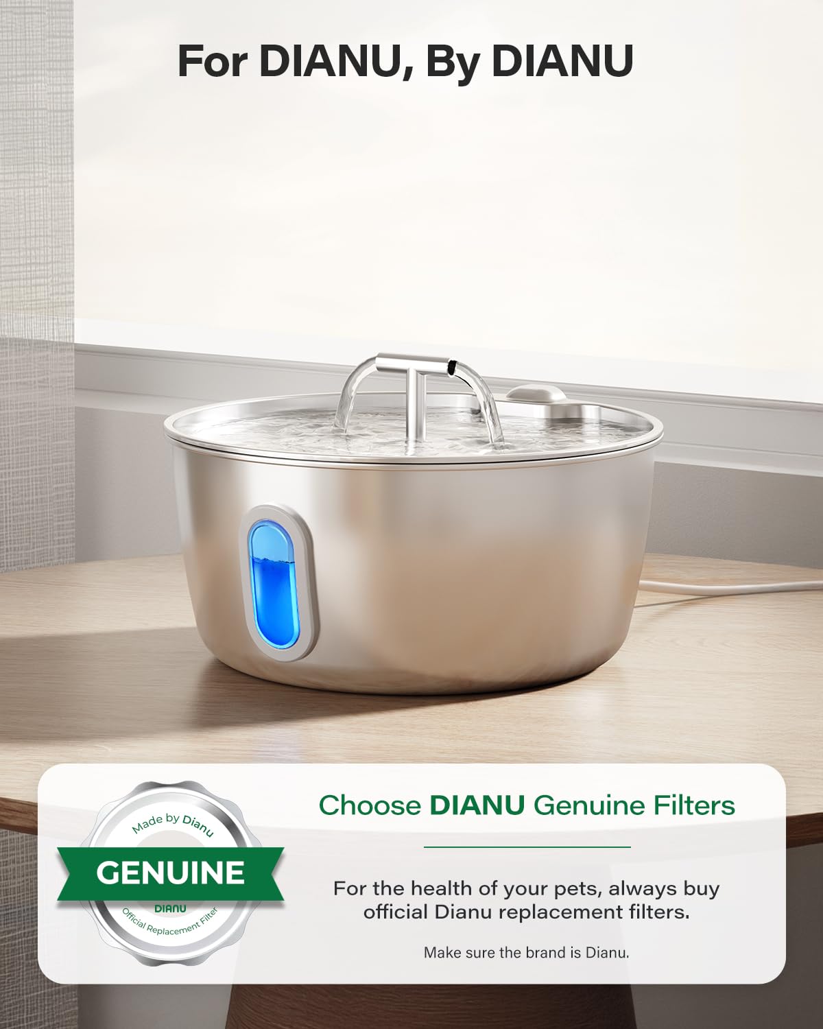 DIANU Official Cat Water Fountain Replacement Filters & Pre-Filter Sponges for 3.2L/108oz Stainless Steel Pet Fountain (6 Pack)