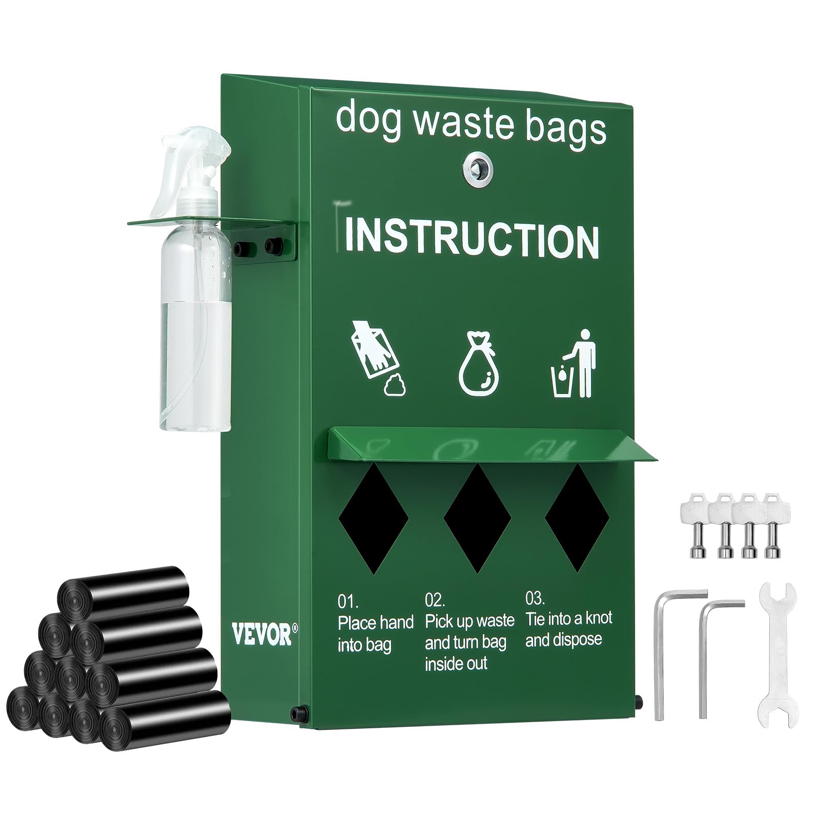 VEVOR Dog Poop Bag Dispenser with Hand Wash Bottle, Lockable Outdoor Dog Waste Bag Holder with 600 Waste Bags, Stake, Pole, Fenc