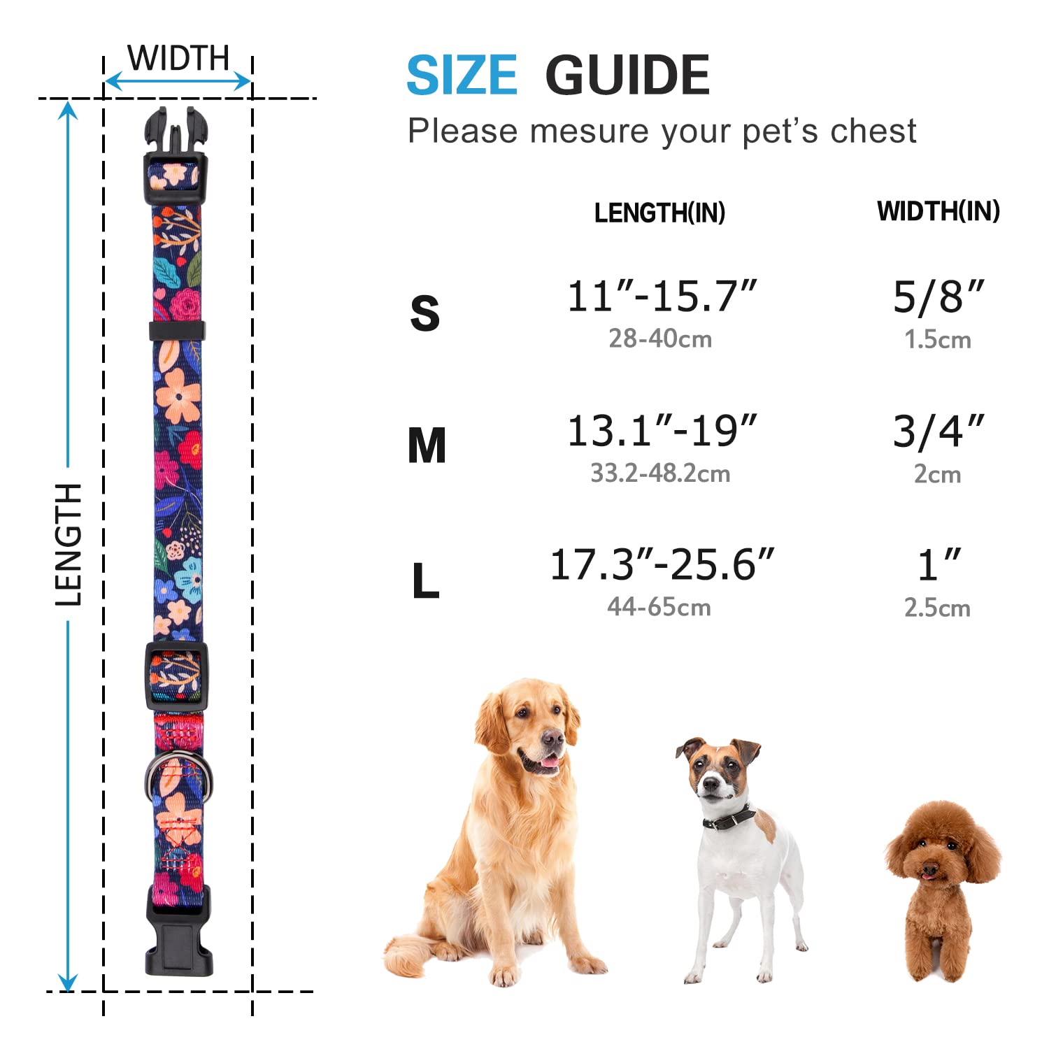 Rhea Rose Dog Collar For Small Dogs Special Design Cute Floral Plant Pattern Girl Female Pet Collar (Black, S)