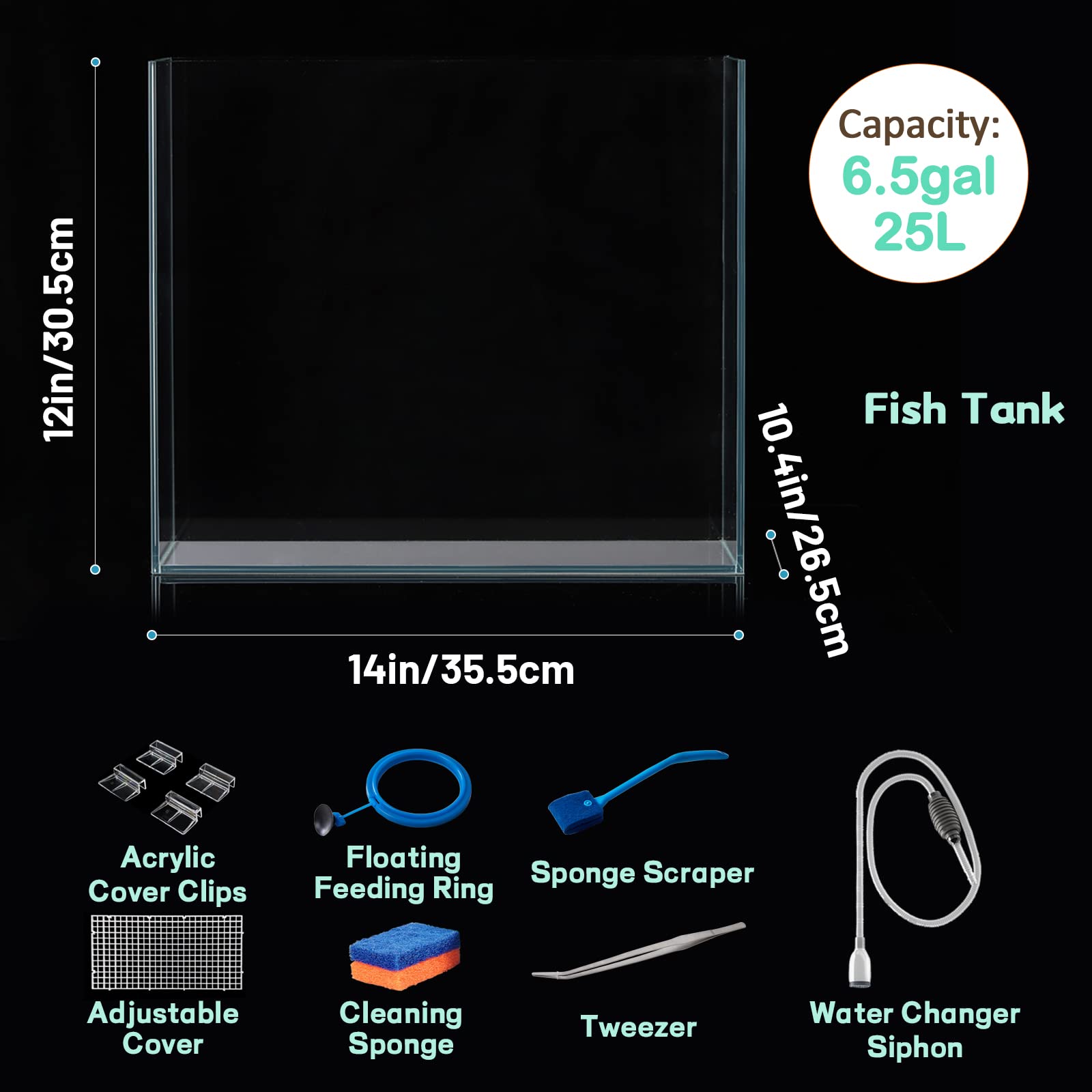 Laqual 6.5 Gallon Ultra Clear Glass Fish Tank, Rimless Low Iron Aquarium For Betta/Nano/Goldfish/Snail/Shrimp, Fish Tank & Cover