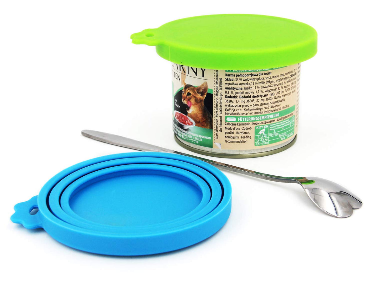 Comtim Pet Food Can Lids, Silicone Can Covers For Dog Cat Food, Universal Size Fit Small Medium Large Cans, 2 Pack And 1 Pet Food Cans Spoon