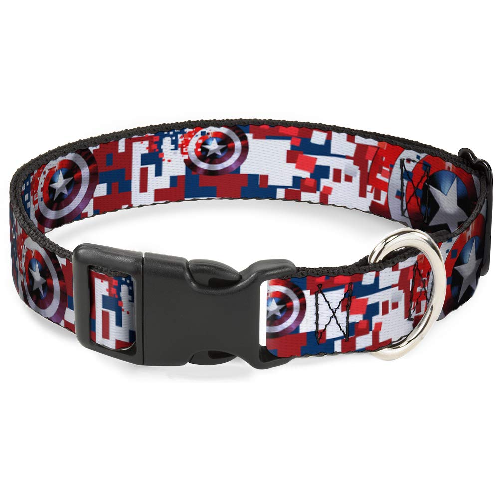 Buckle-Down Dog Collar Plastic Clip Captain America Shield Digital Camo Blue White Red Multicolor, 1 Wide - Fits 11-17 N