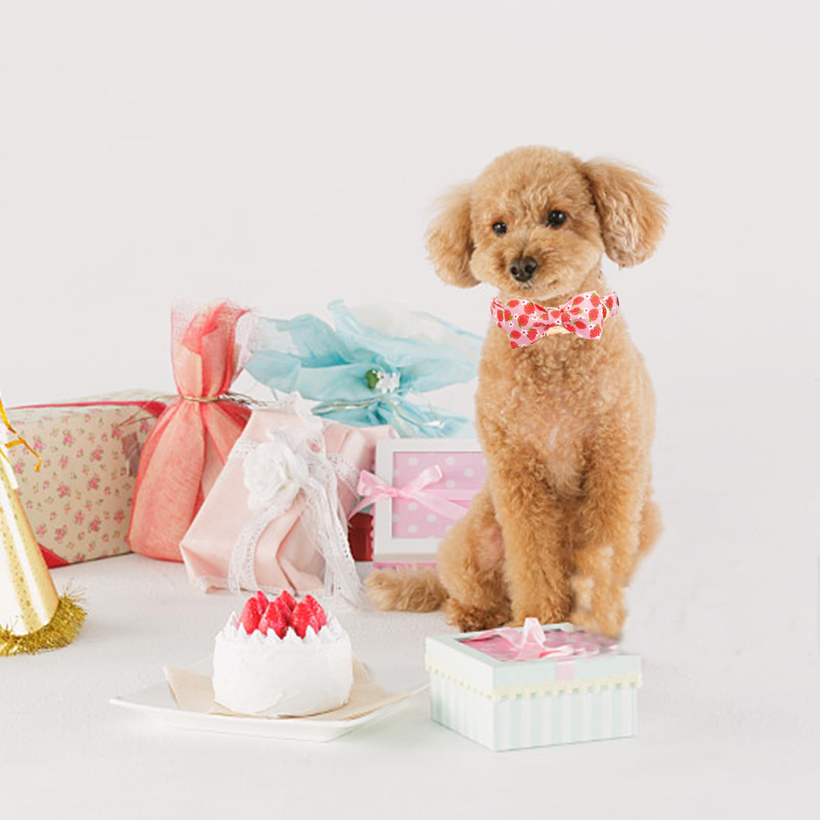 Elegant Little Tail Strawberry Print Cotton Soft Female Dog Collar, Xl, Handmade Bowtie, Unique Design, Durable Cotton Construct