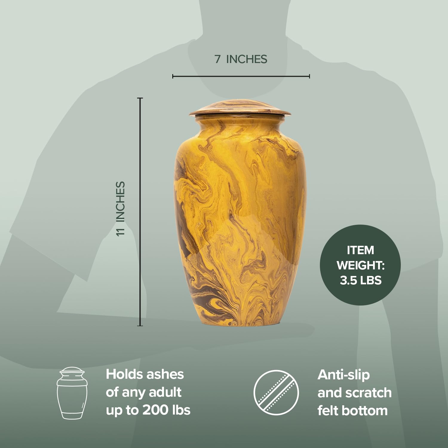 Eternal Harmony Large Urn For Ashes, Adult Male & Female Cremation Urn For Human Ashes With Elegant Finishes, Secure Seal & Velvet Bag, Funeral Urn For Men & Women Up To 200 Lbs, 7”X11” (Gold Milo)