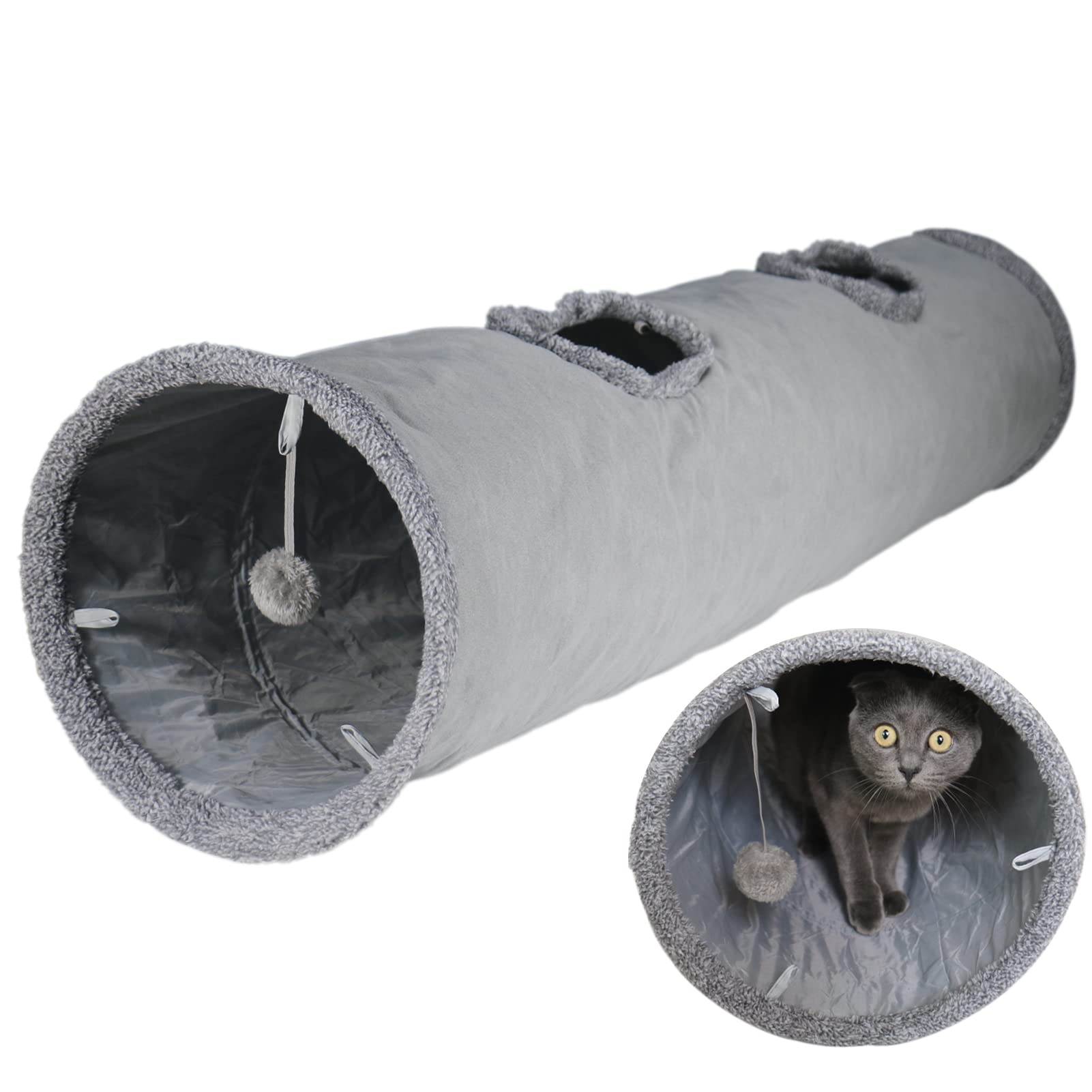Terunat Cat Tunnel For Indoor Cats, 51×12 Inch Foldable Big Cat Tunnel, Brown Suede Pet Tunnels With Two Peepholes And A Bubble Ball