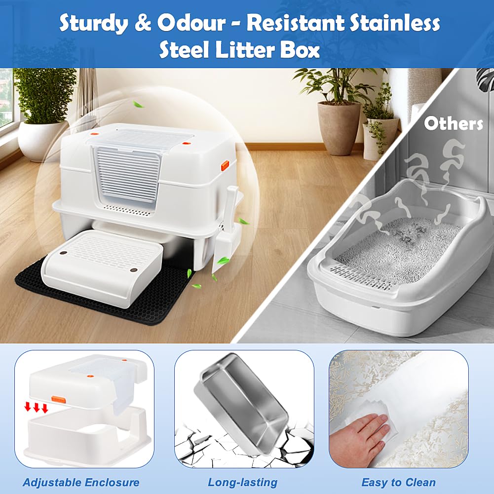 SZEE Stainless Steel Litter Box - Extra Large, White, Easy to Clean, No Odor, Includes Scoop & Mat, Open/Enclosed Modes, Model BXGMSPFBS-Q-HKM