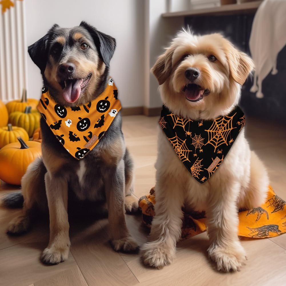 Halloween Dog Bandanas 2 Pack Washable Soft Cotton Halloween Pumpkin And Spider Bibs Scarf Multiple Sizes Offered Premium Durable Fabric Adjustable Fit