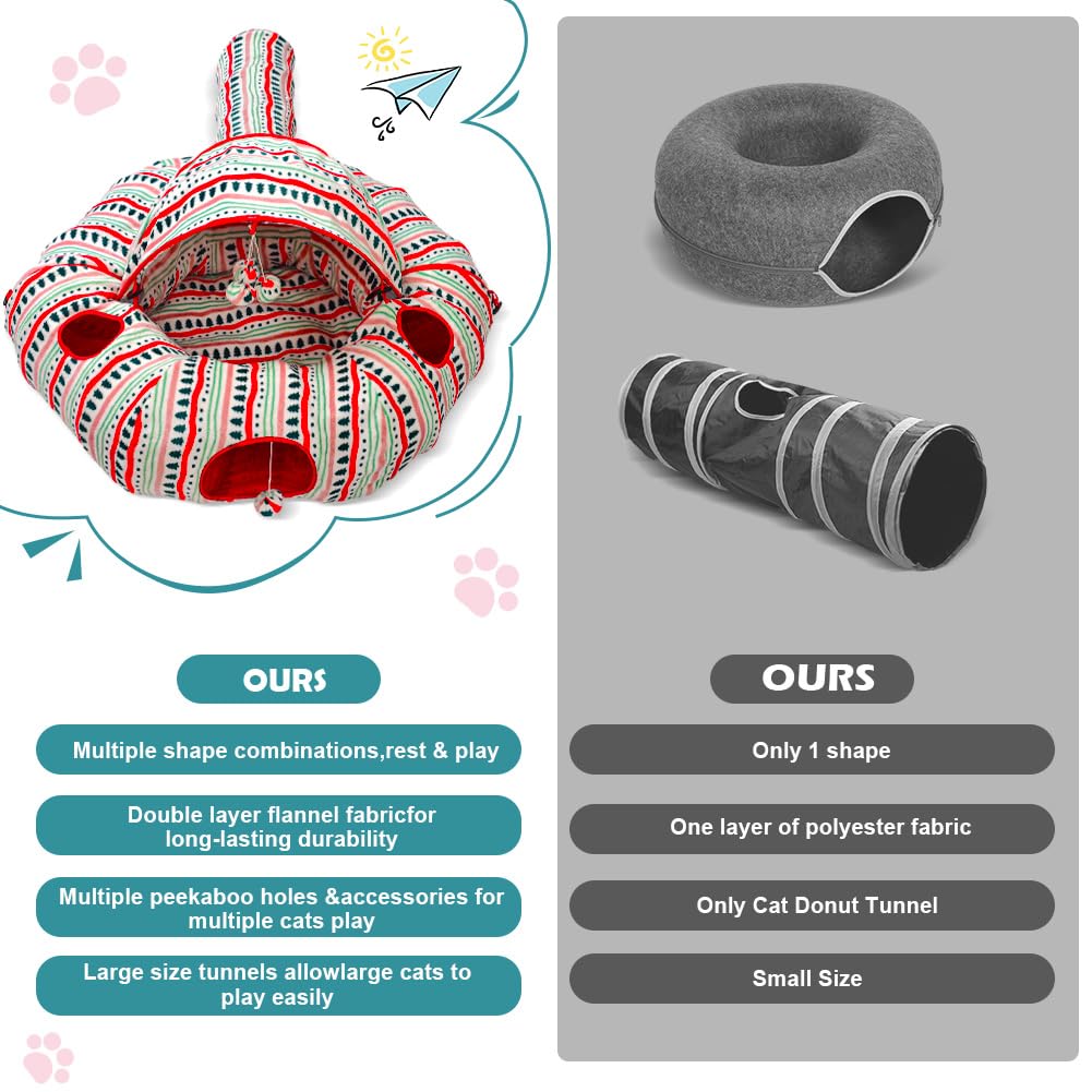OUHOU Cat Tunnel Bed for Indoor Cats, Soft Plush Peekaboo Cat Cave Donut Tunnel, Multifunctional Cat Playground Toys Hideplace f