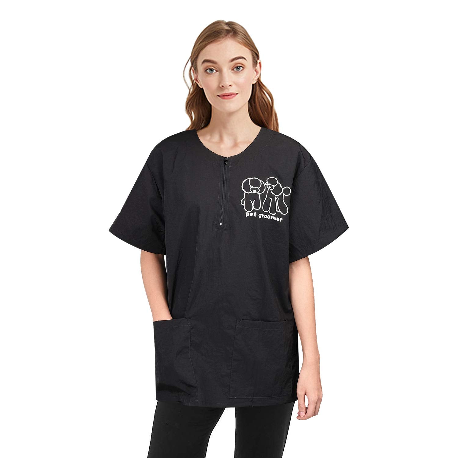 Noverlife Short Sleeves Pet Grooming Smock With 2 Pockets, M Size, Splash Proof Anti-Static Pet Beautician Work Clothes, Dog Cat Groomer Cosmetologist Uniforms For Pet Shop Men Women