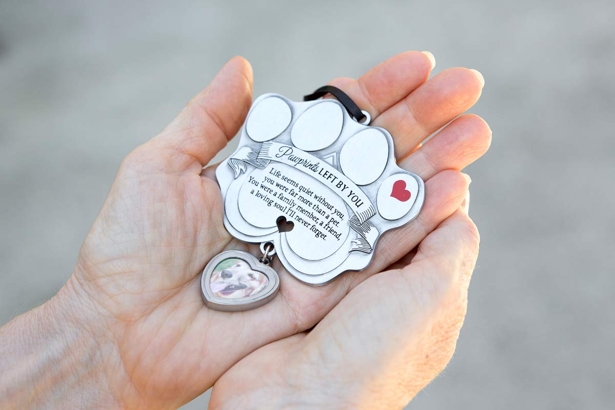 Pet Memorial Ornament - 3' Metal Casted Paw Print Design Ornament With Photo Charm - Beautiful Remembrance Gift For A Grieving Pet Owner - Includes Pawprints Left By You Poem Card